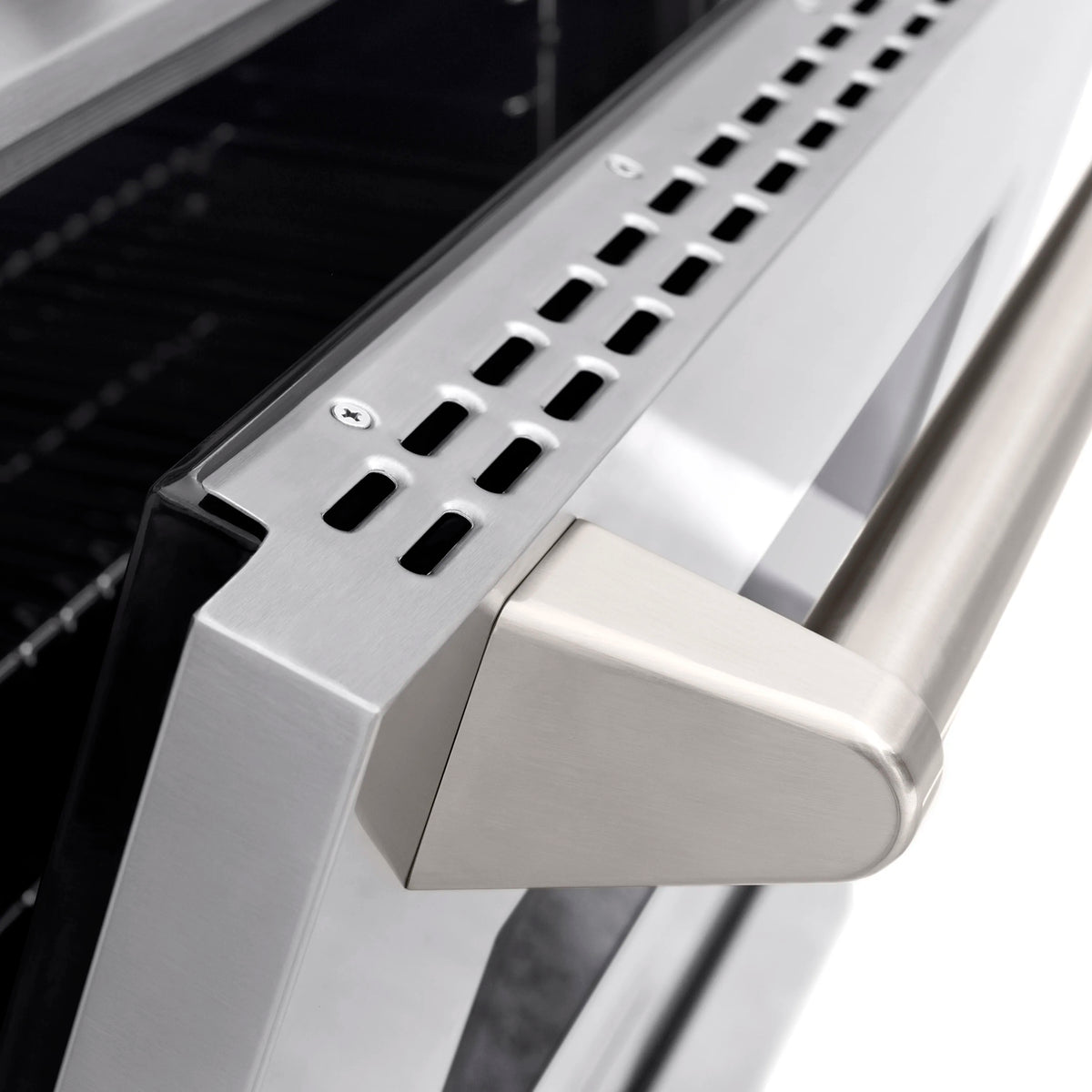 Stainless steel oven vent with row of air slots along the side