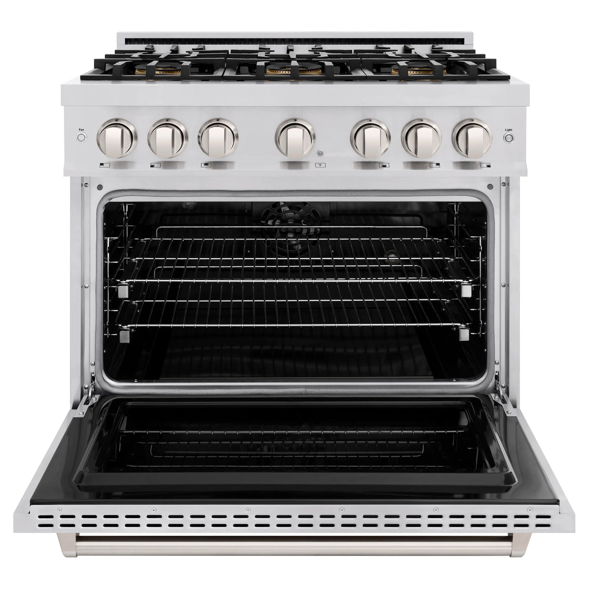Stainless steel dual fuel oven with open door showing wire racks and dark interior
