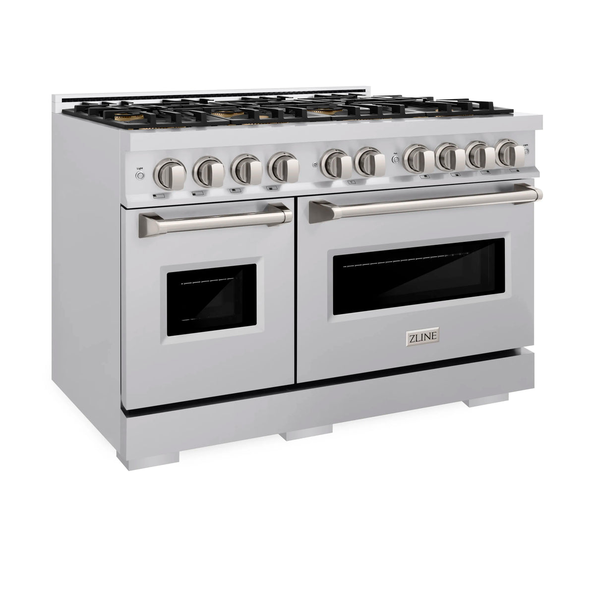 Stainless steel dual fuel range three-quarter view with black cooktop grates and oven windows