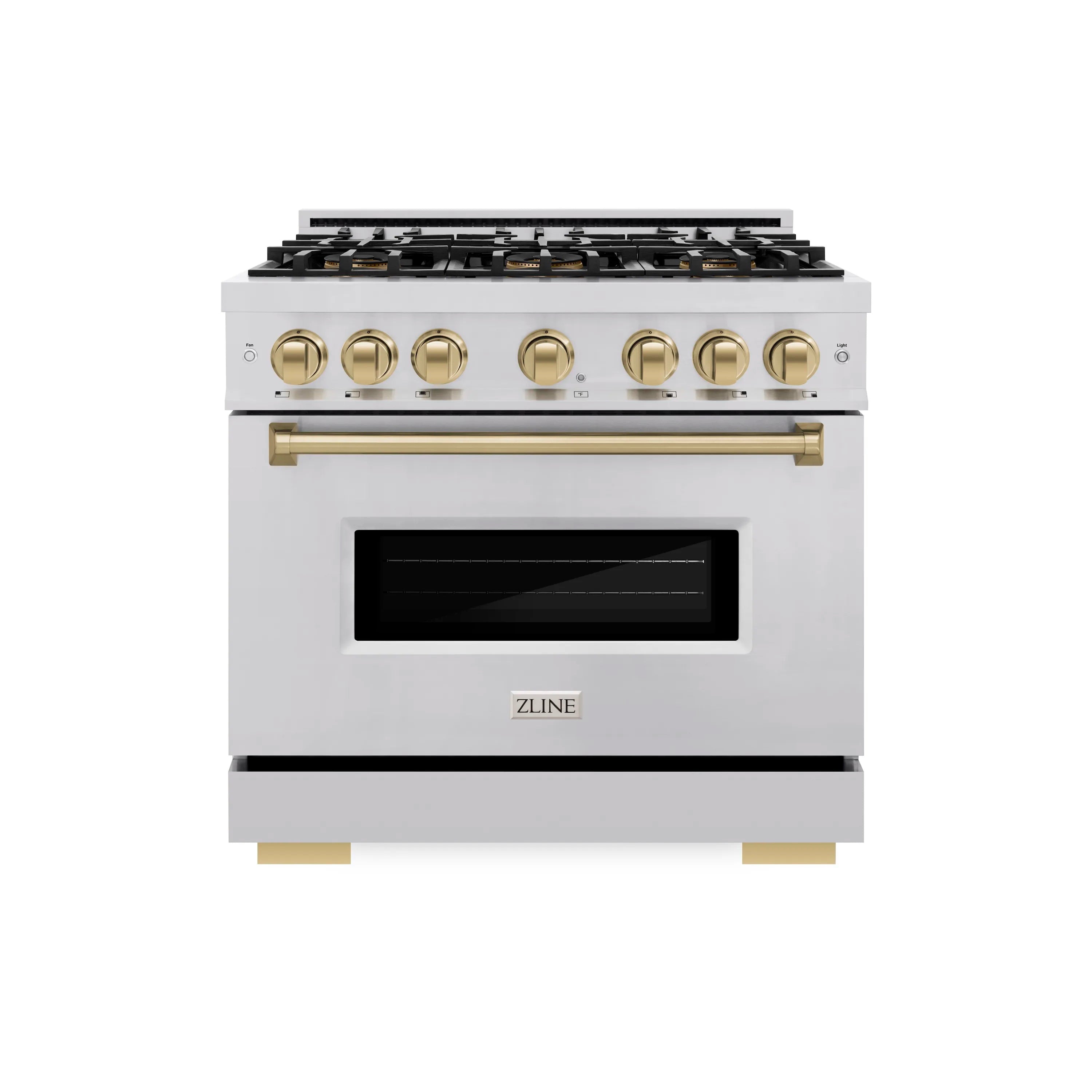 Stainless dual fuel range with 6-burner cooktop, electric oven and champagne control knobs