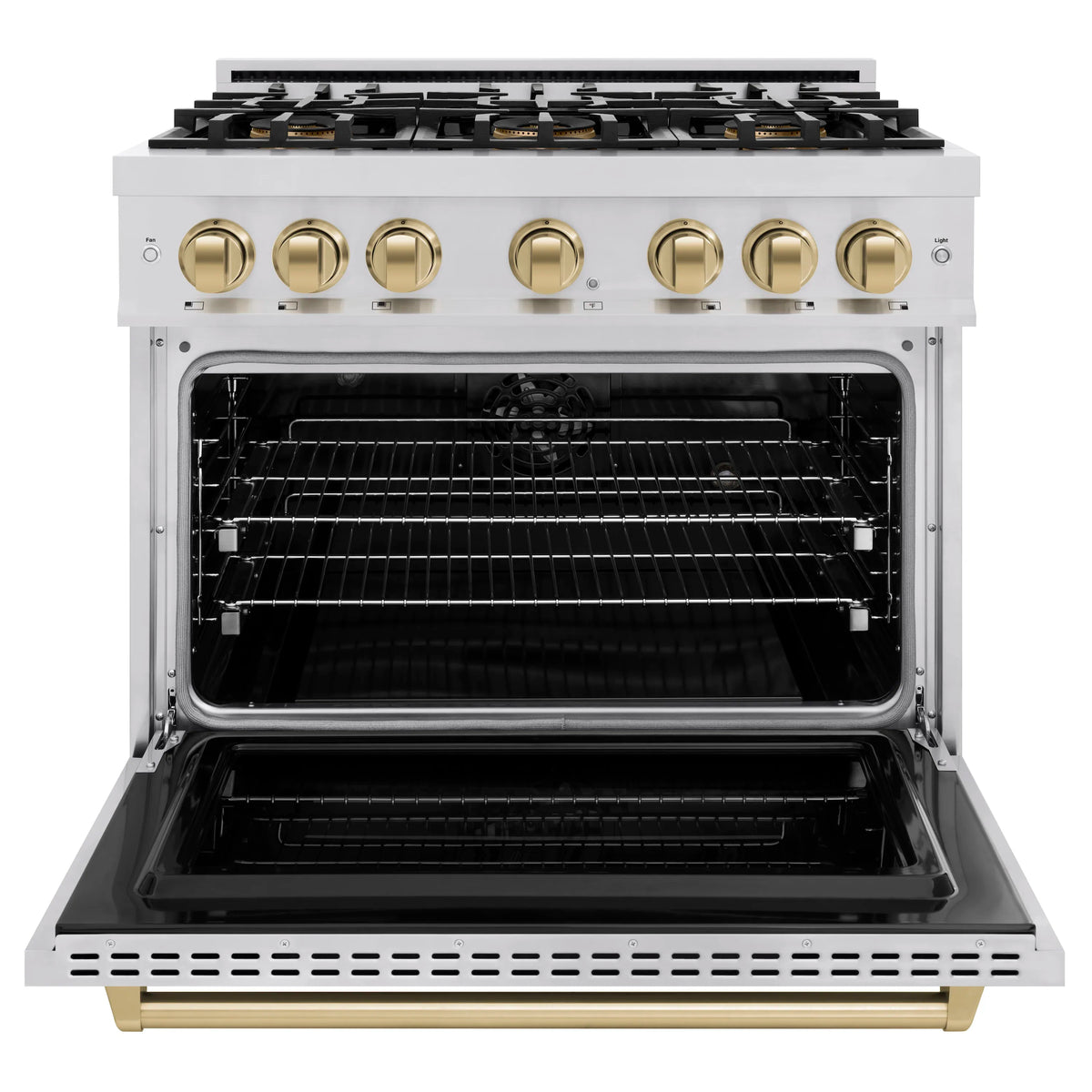 Open electric oven with black racks and heating elements inside stainless range