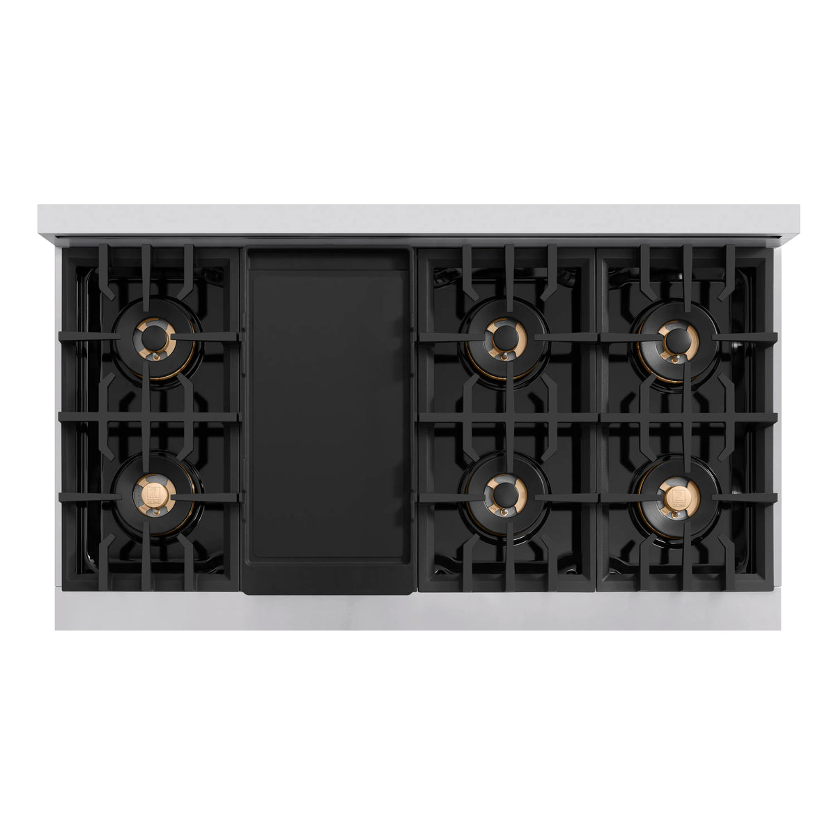 48-inch dual fuel range cooktop section with black grates and bronze-ring burners