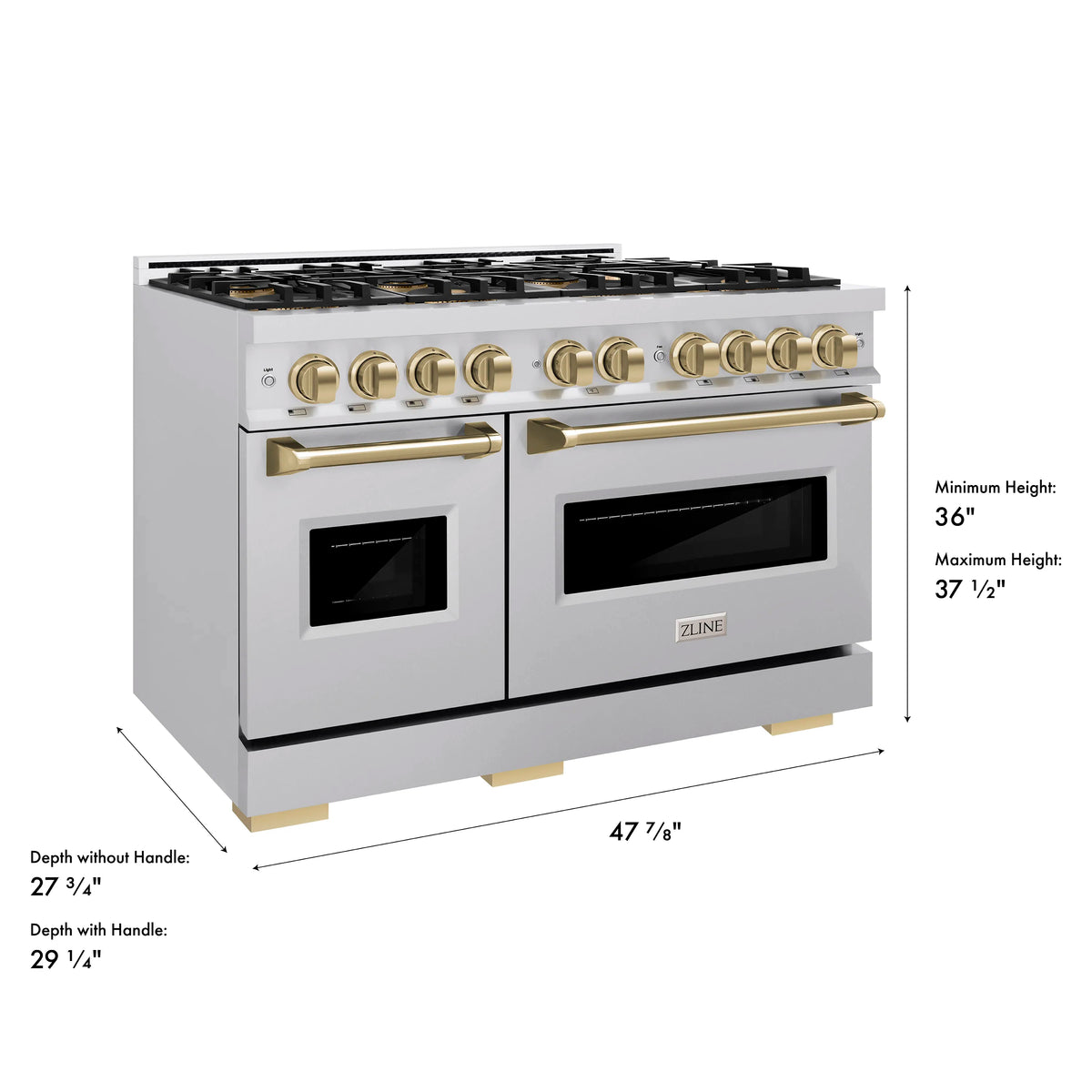 Dual fuel range with white body, gold control knobs, and dual oven doors
