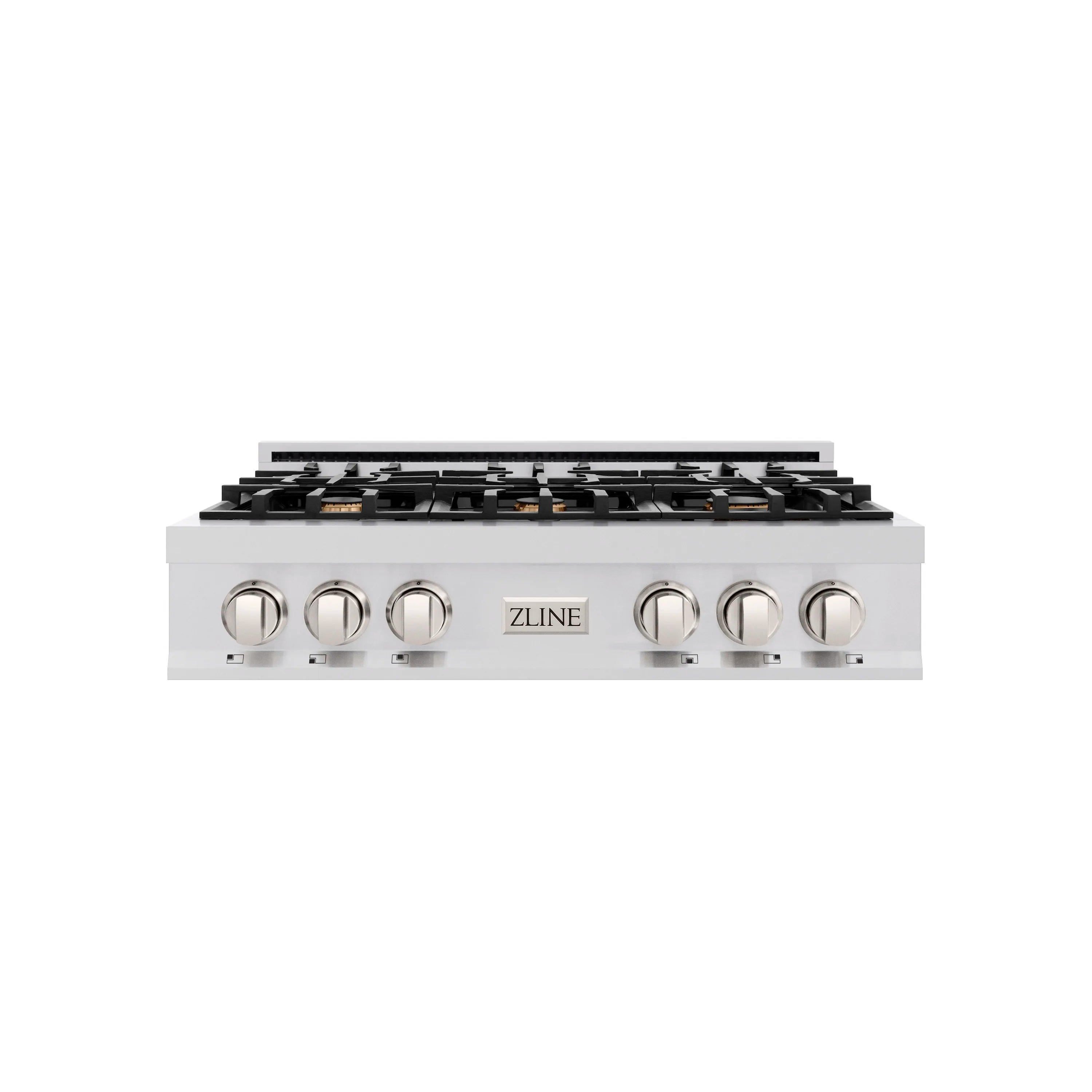 Stainless steel gas cooktop with 6 burners and six control knobs, ZLINE branding