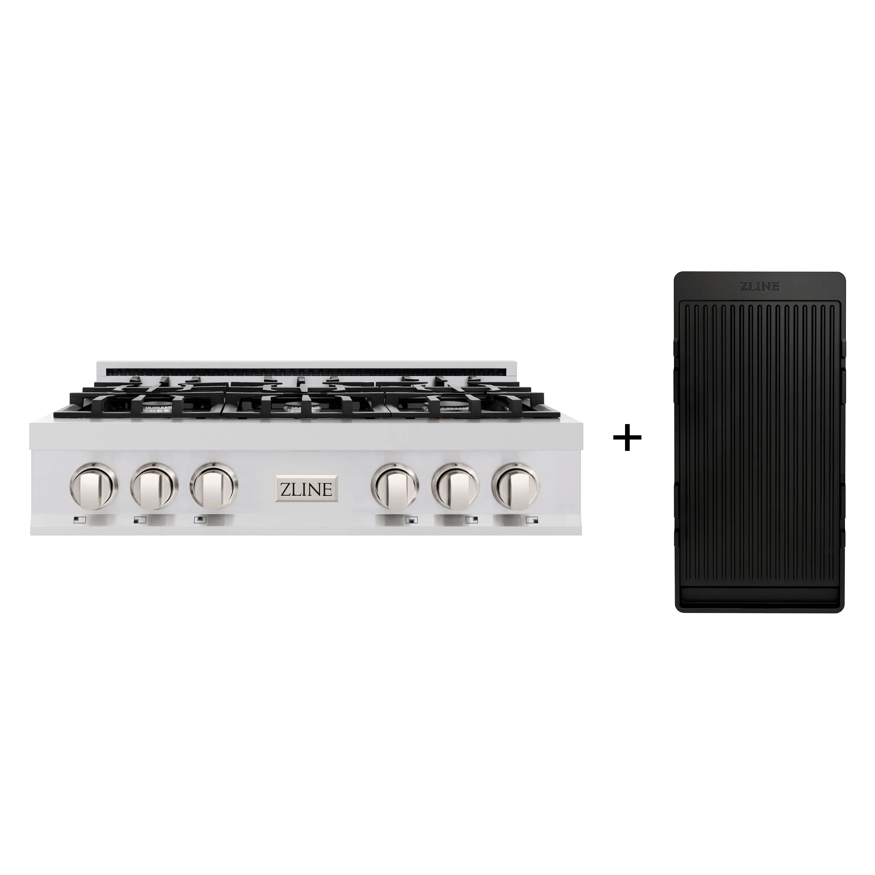 Six-burner gas cooktop with stainless control knobs and included black griddle.