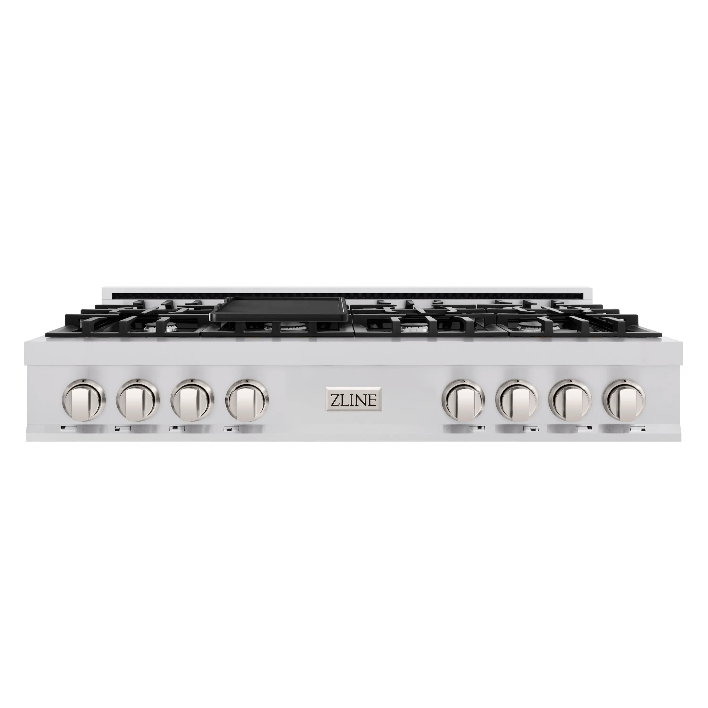 Stainless ZLINE gas range with 7 burners, griddle, and front control knobs