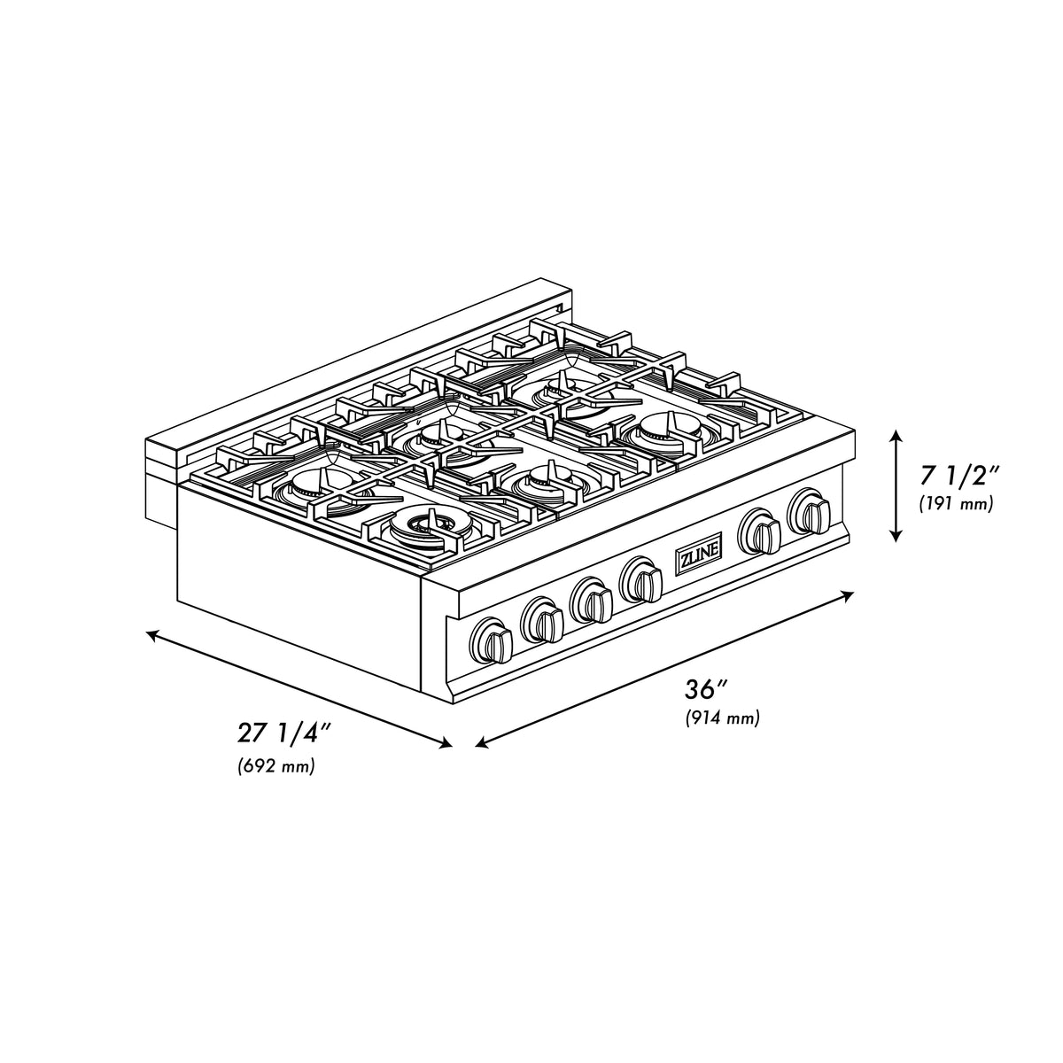 Gas rangetop with burner layout and dimension diagram