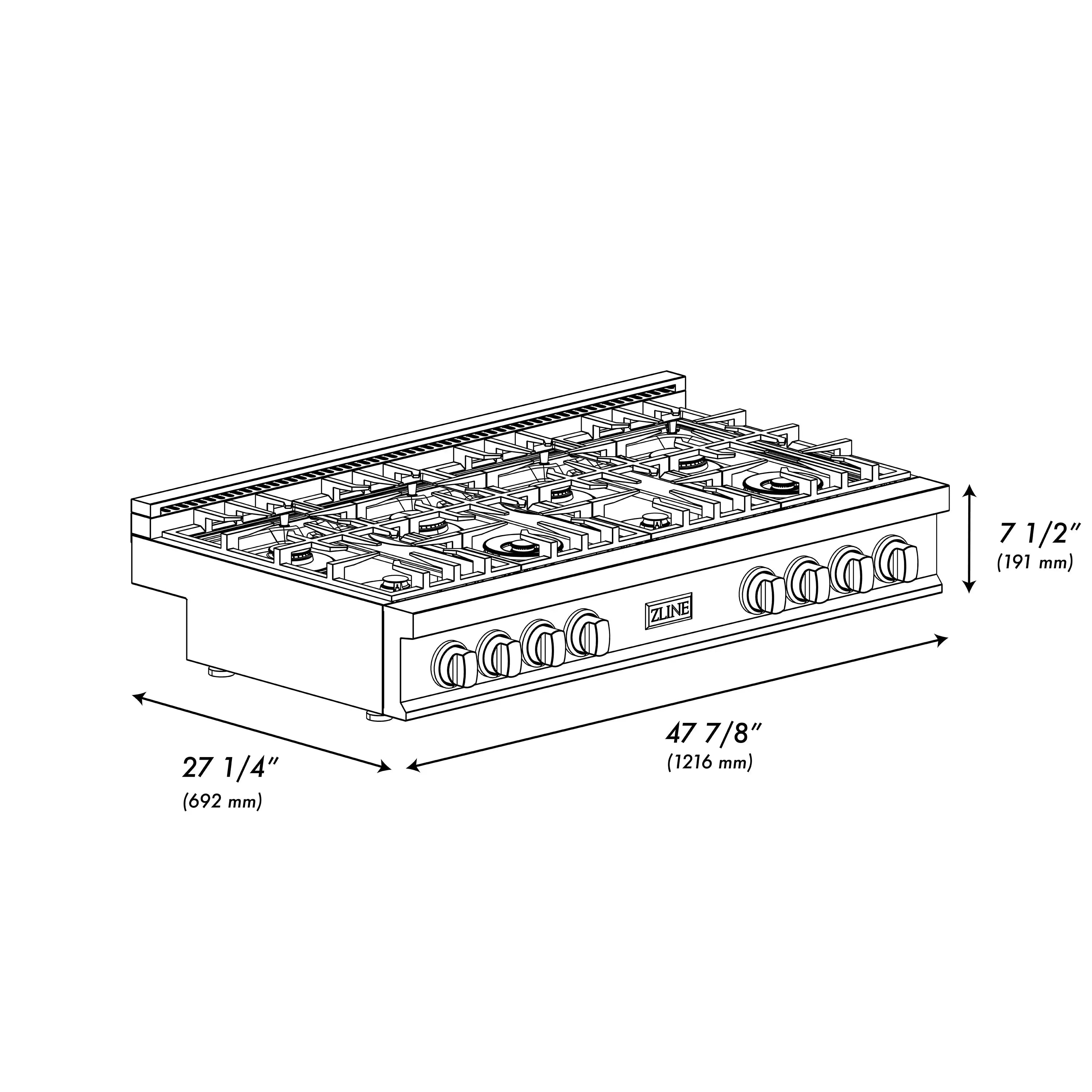 Stainless steel gas cooktop with six burners and front knob controls (diagram)