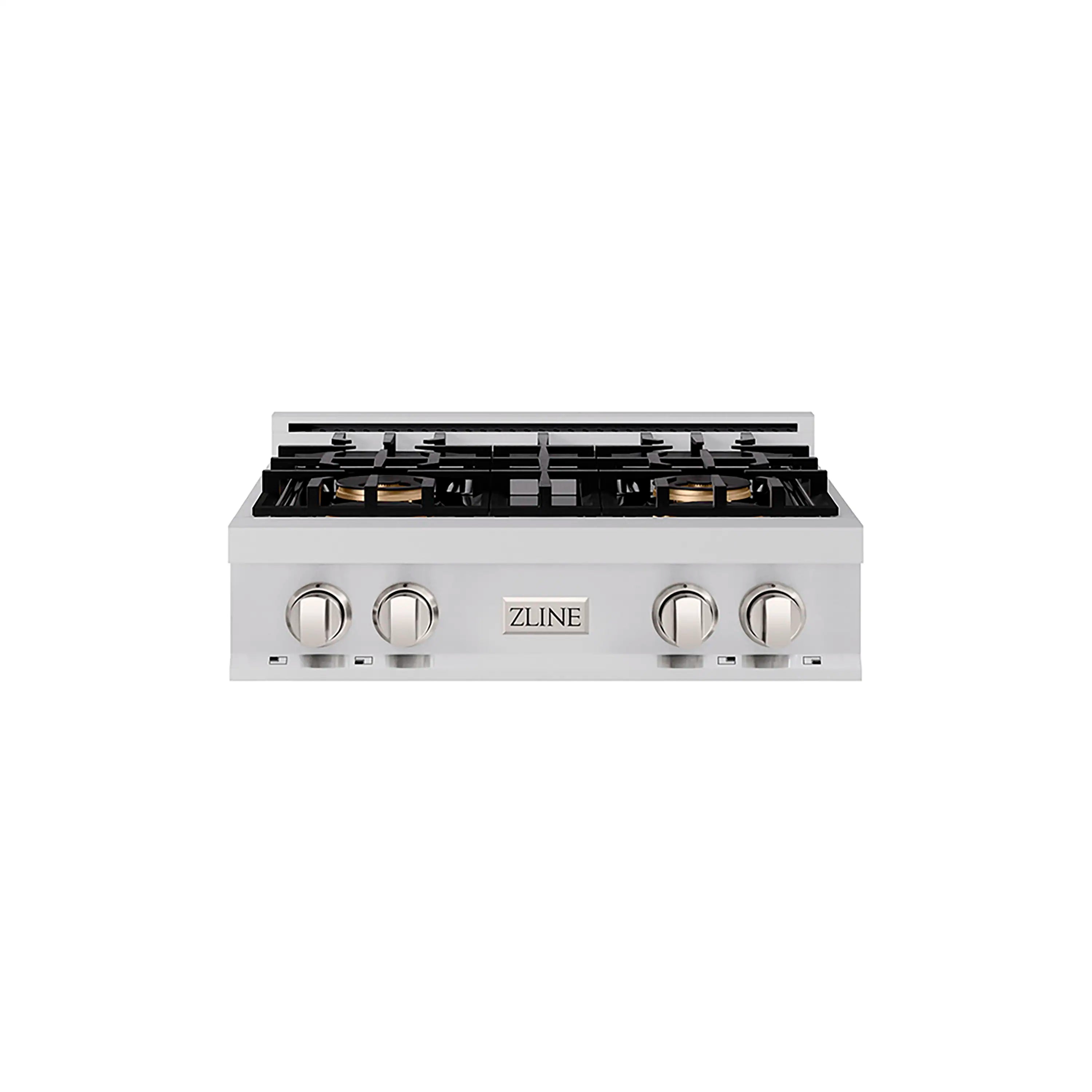 Stainless gas rangetop front view with four burner knobs and black grates