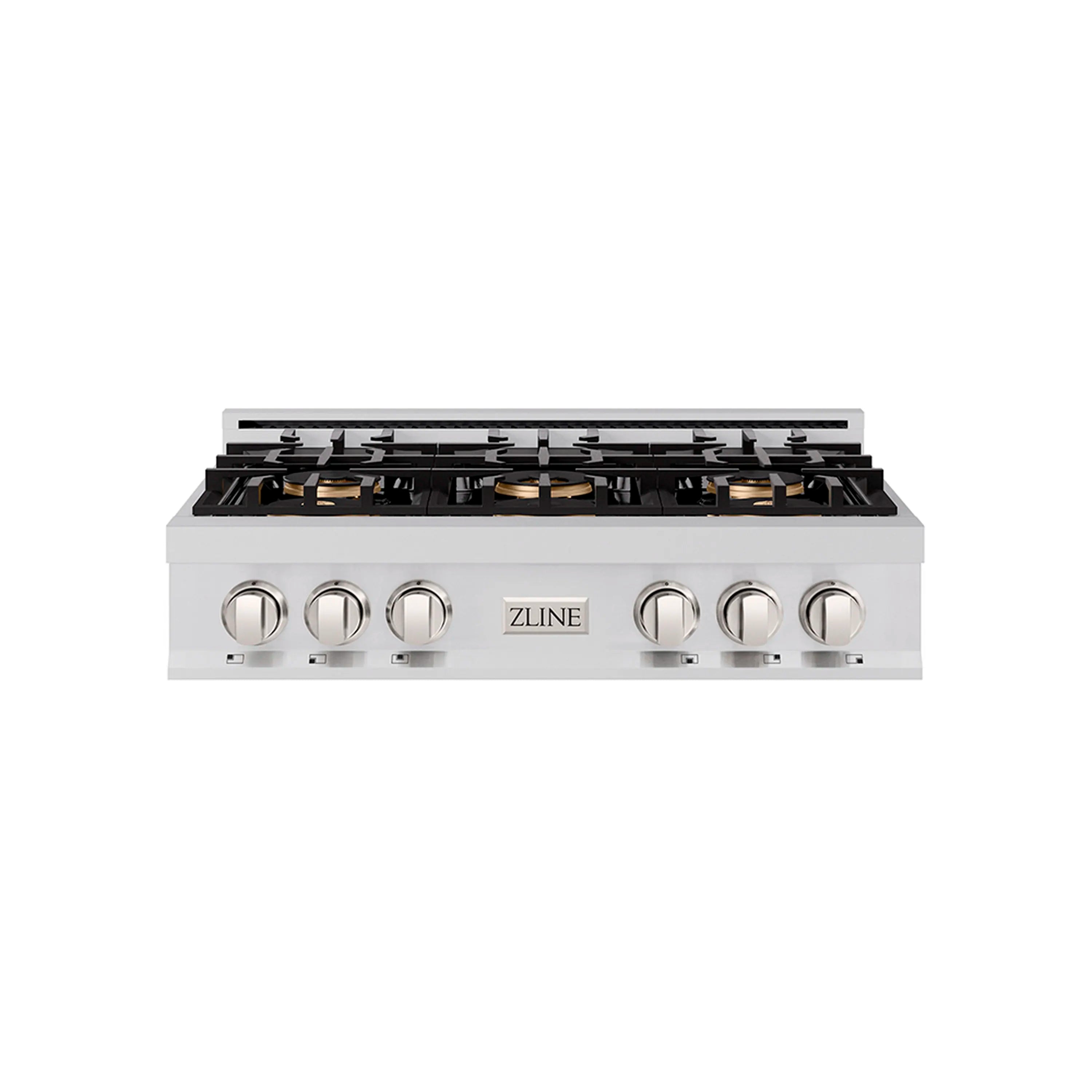 Stainless gas rangetop front with six control knobs and black burner grates