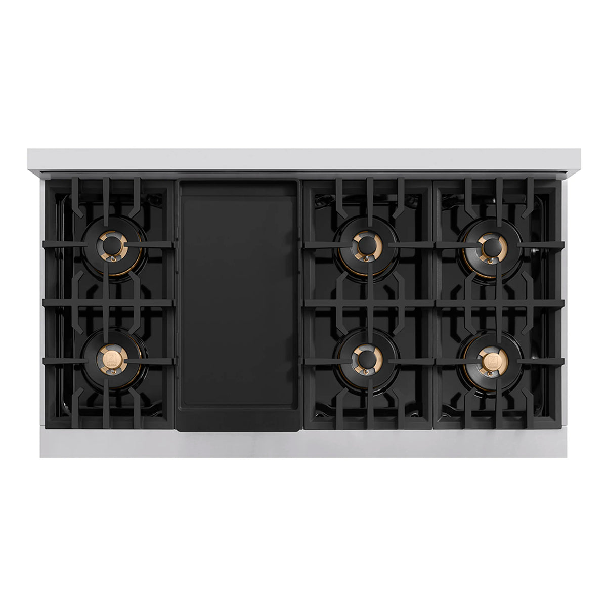 8-burner gas rangetop with black grates; center griddle panel closed, stainless frame