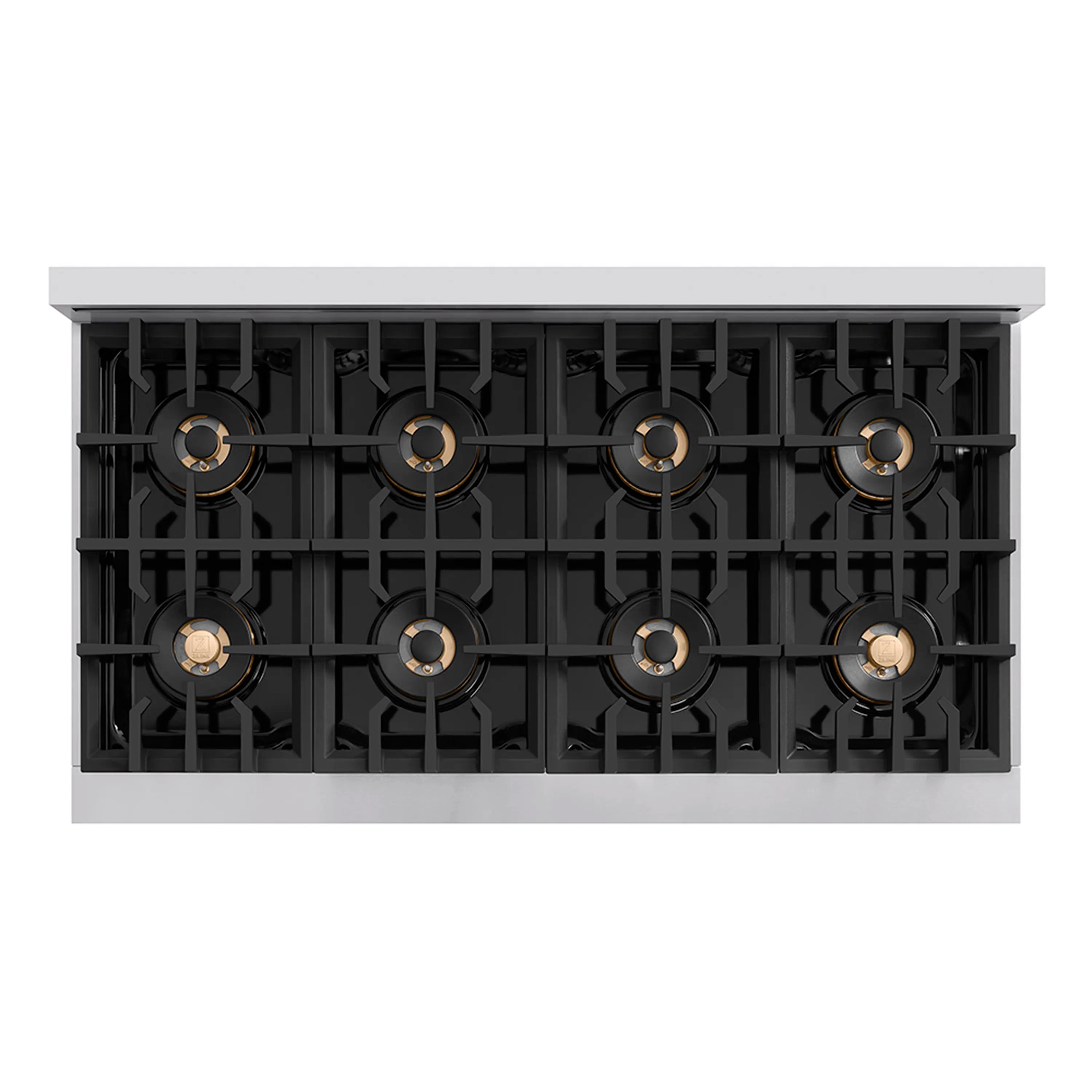 8-burner gas rangetop with black grates and burner caps, stainless frame