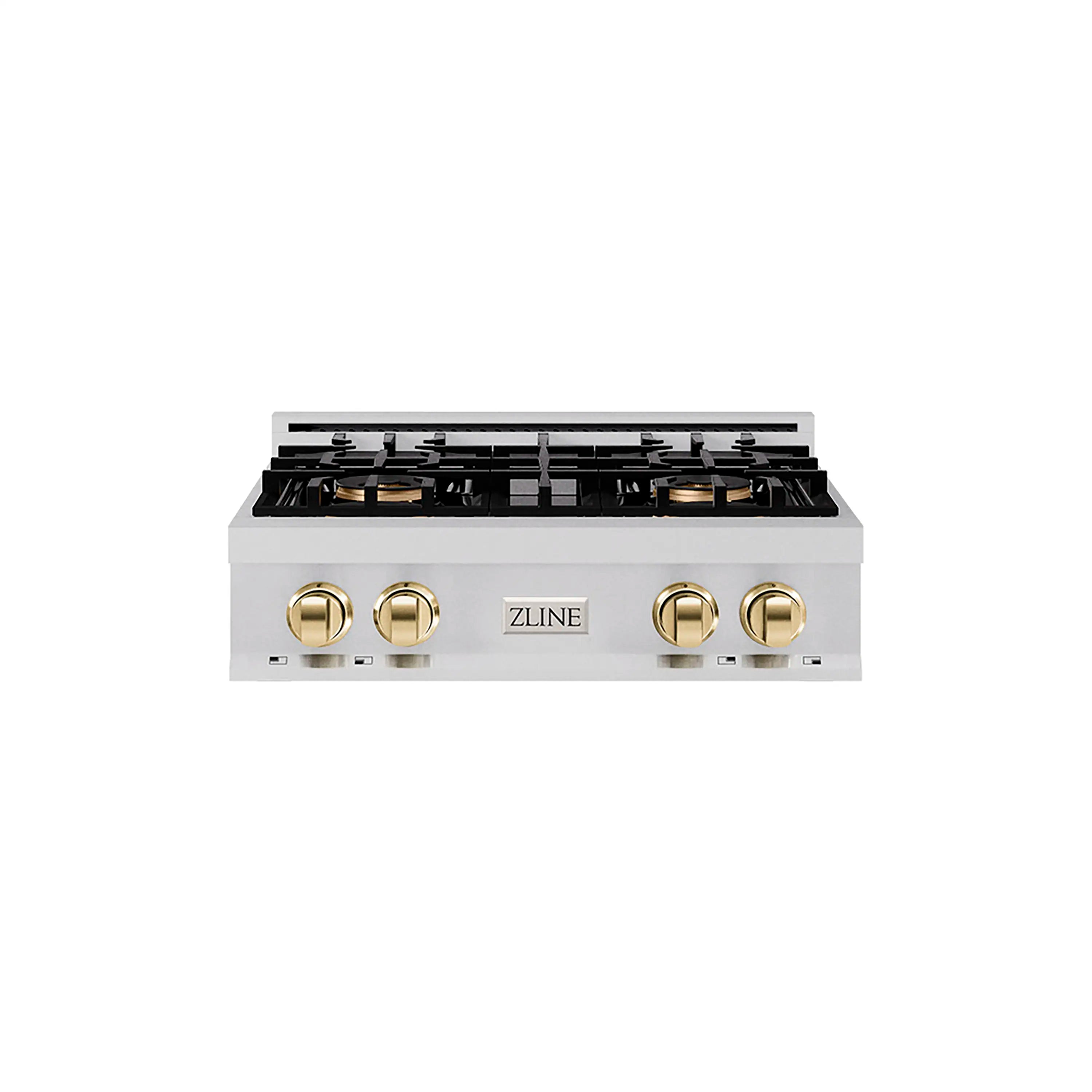 Stainless steel gas cooktop with black grates and gold control knobs