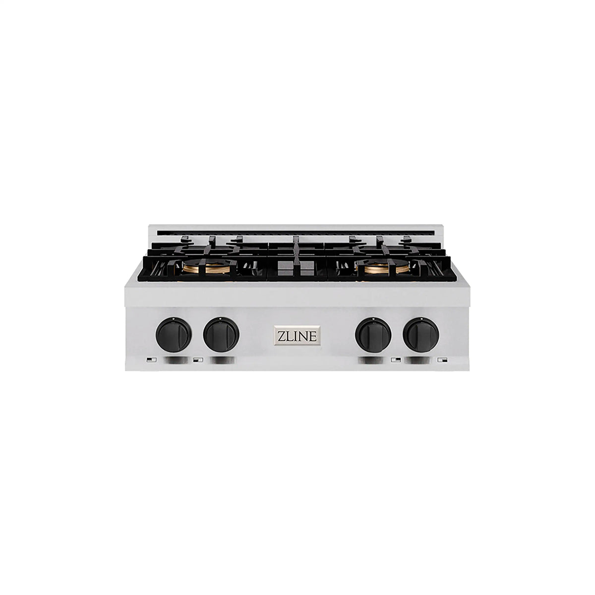 ZLINE stainless gas cooktop with four burners and black control knobs