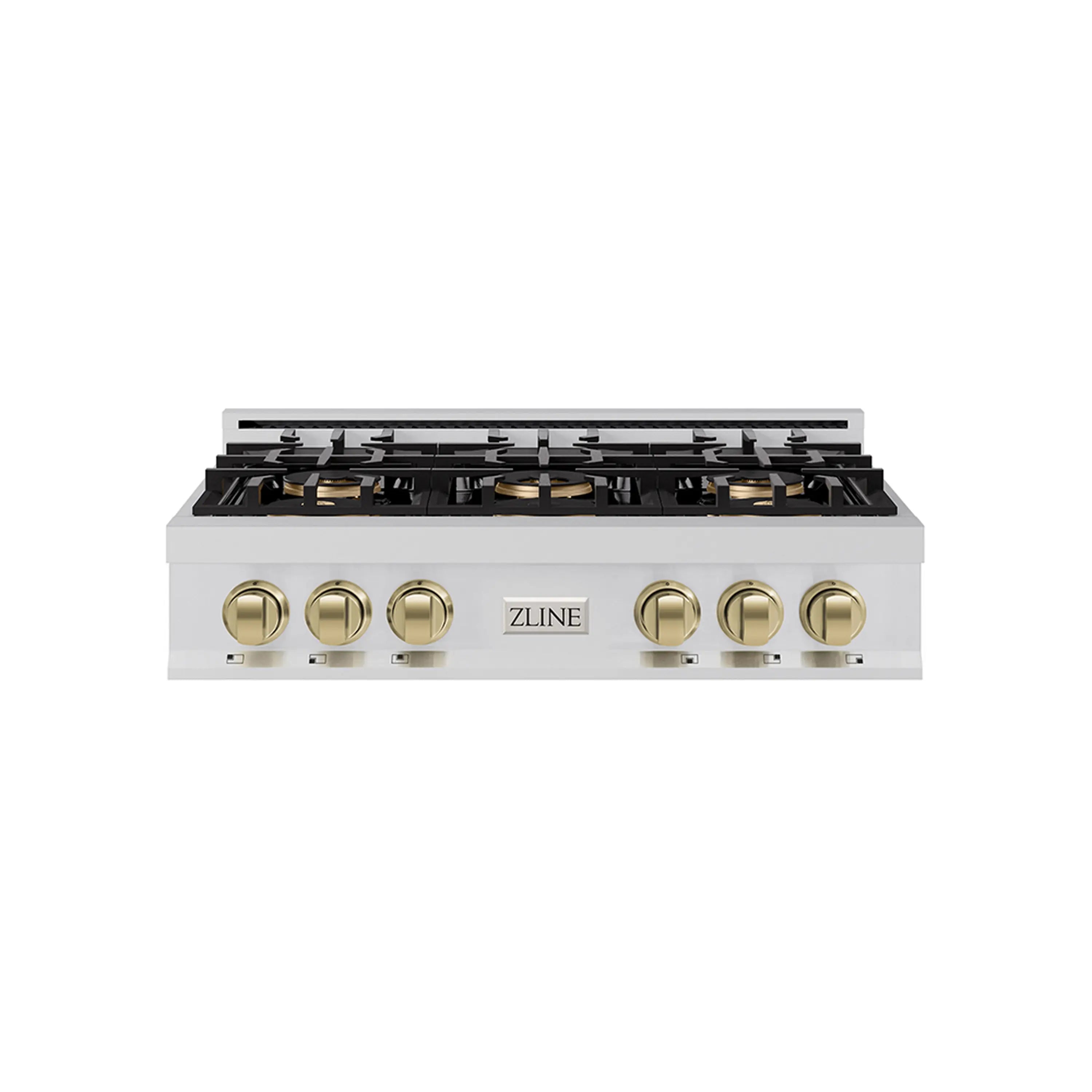 Stainless gas rangetop with six champagne bronze control knobs and black grates