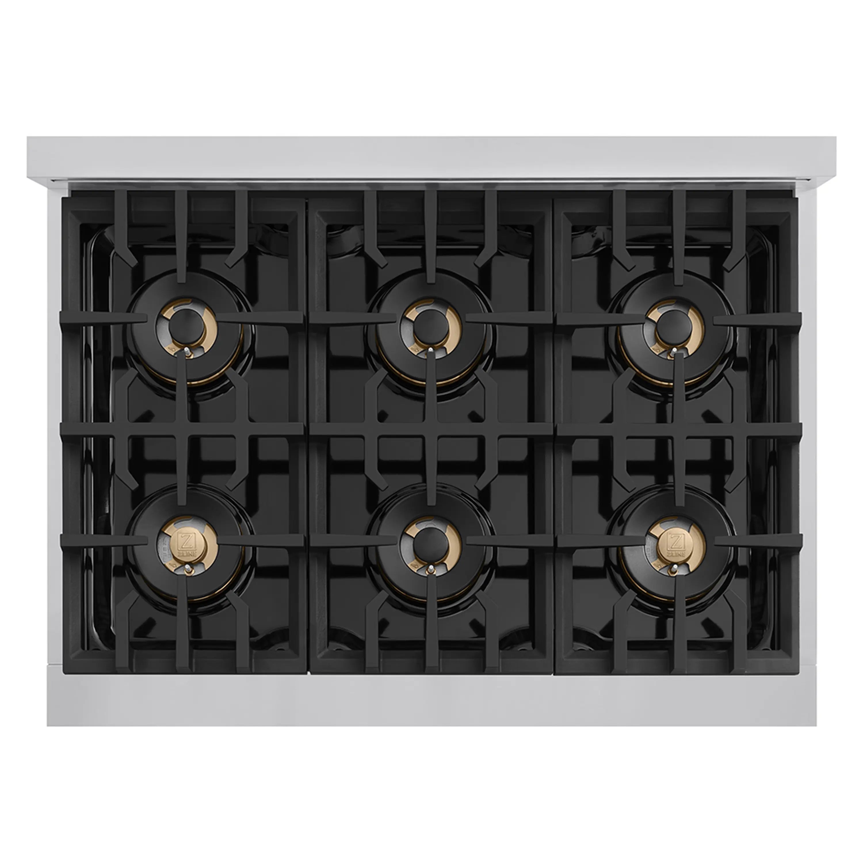 Built-in gas rangetop with six burners and black cast grates