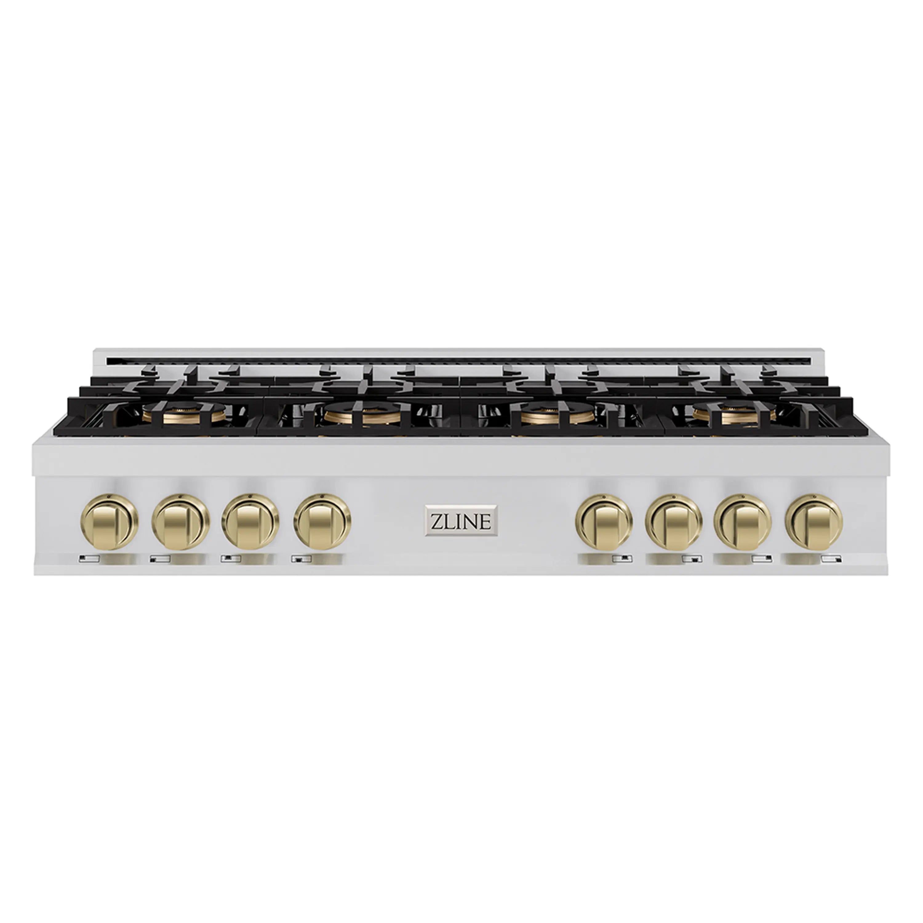 ZLINE stainless gas rangetop front view with round brass-accent control knobs