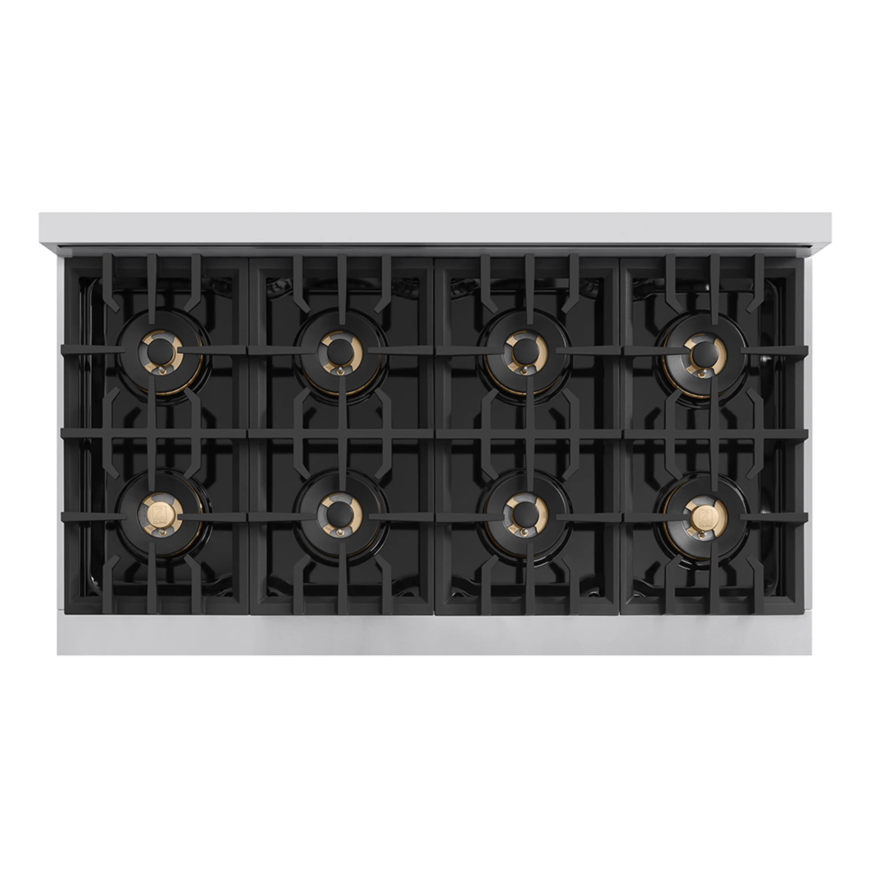 Stainless gas rangetop with black burner grates and champagne bronze accents