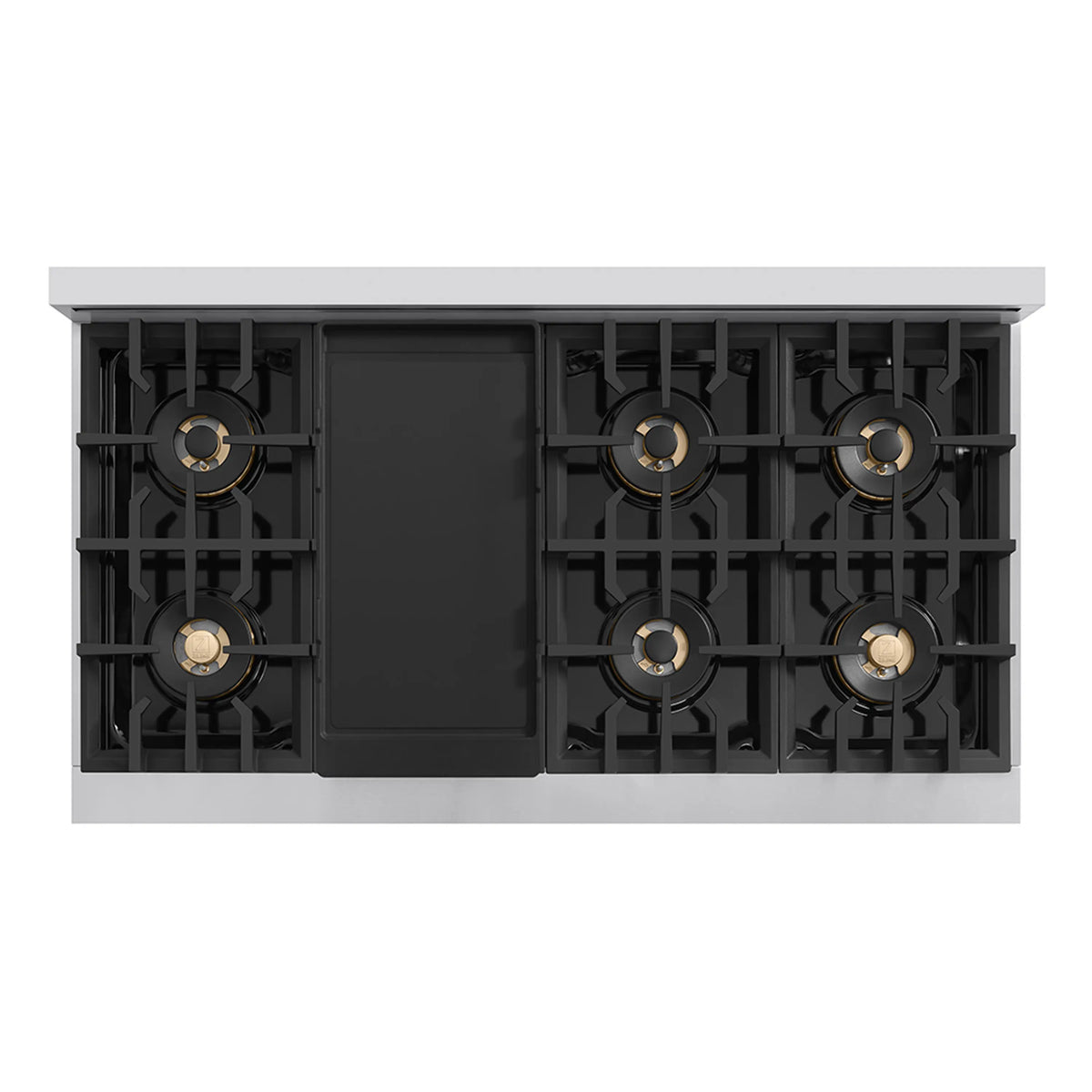 Gas cooktop with black griddle insert and gold-accent burner caps