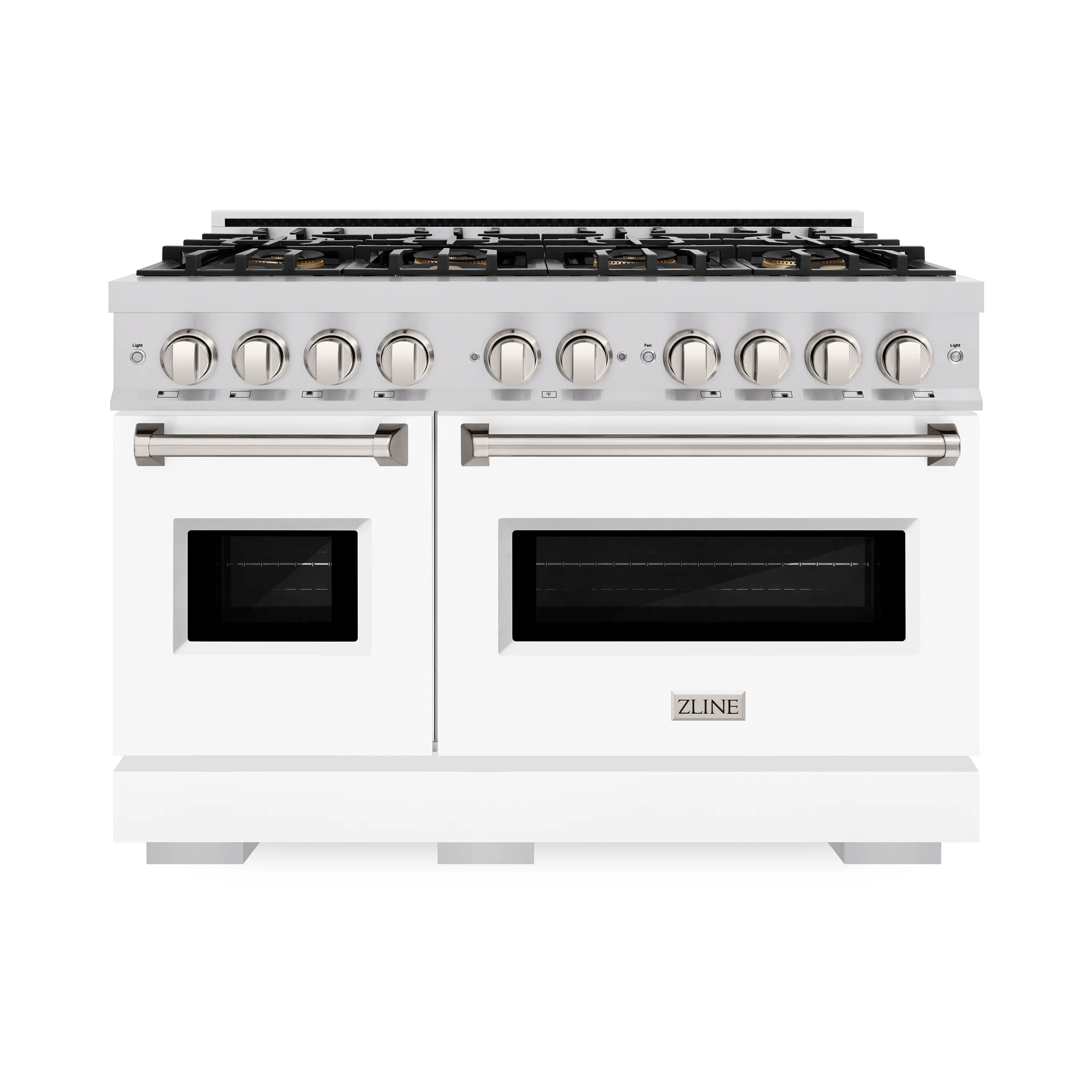 White gas range front with eight burners, dual oven doors, and round control knobs