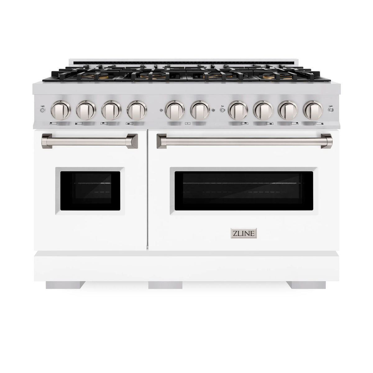 White gas range front view with eight burner grates, dual ovens, and control knobs