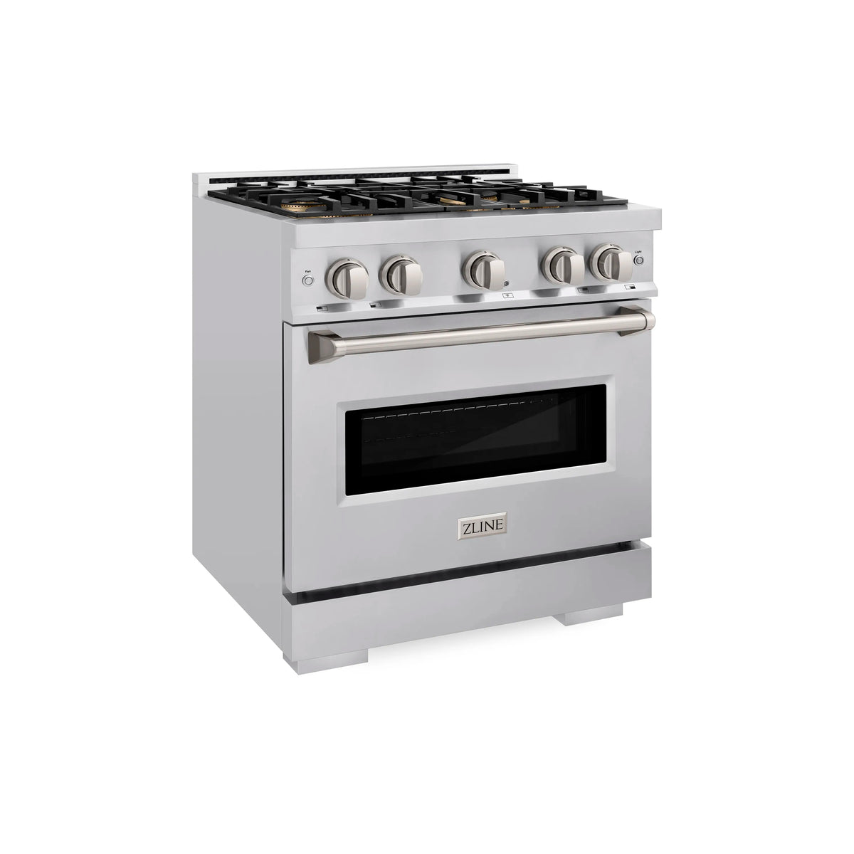 Stainless steel gas range with four burners and oven door, shown from the side