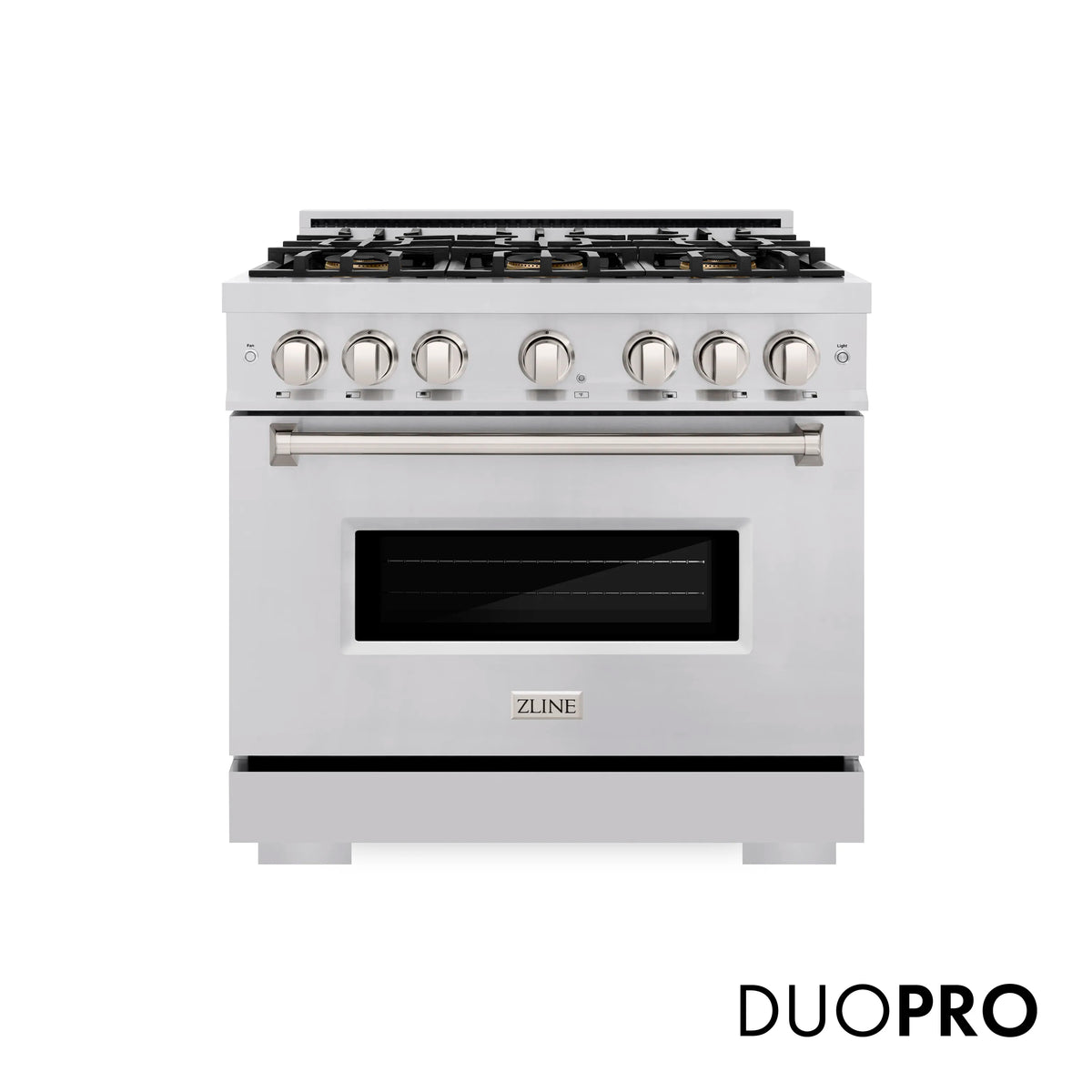 Stainless steel gas range front view with control knobs, oven window, and DUOPRO label