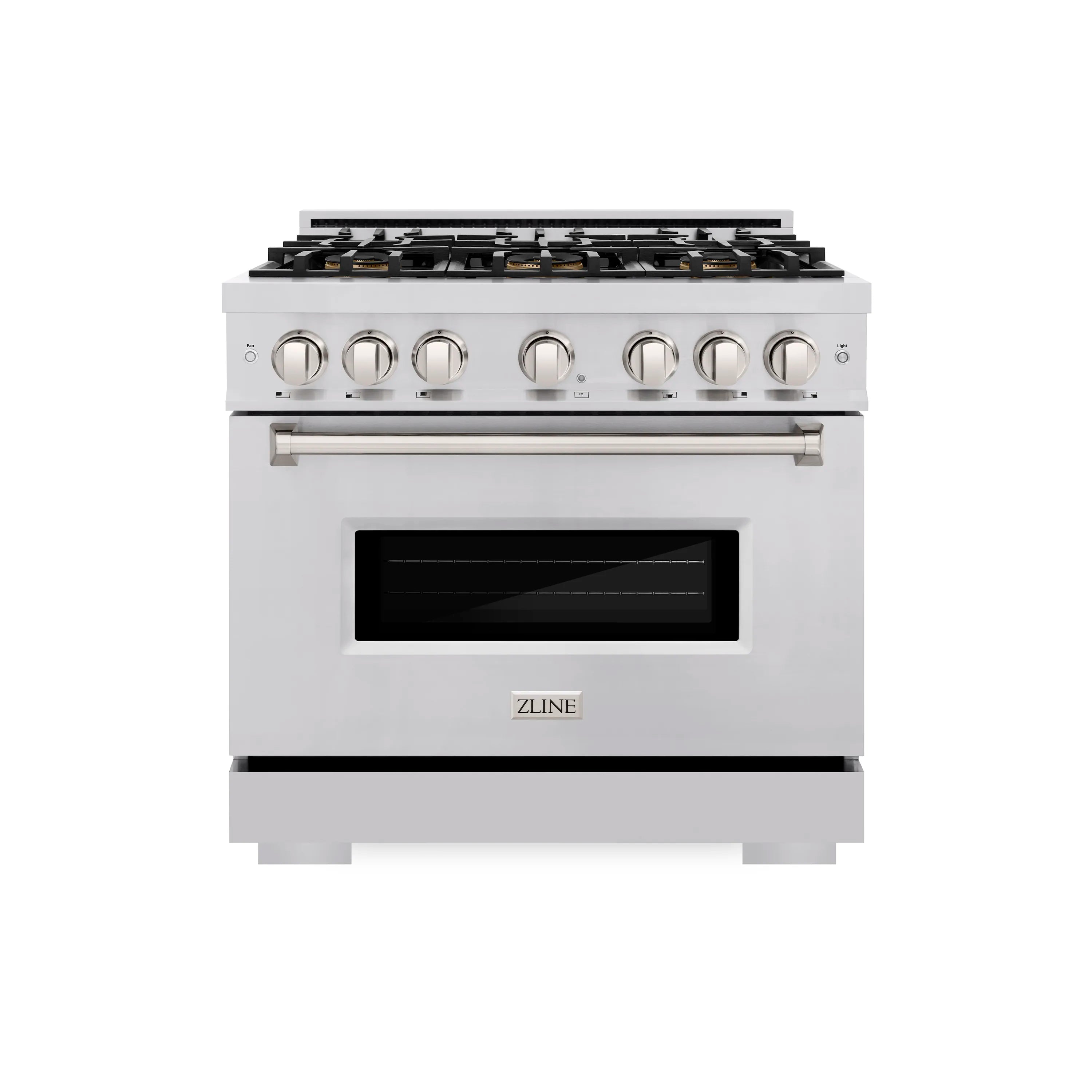 Stainless steel gas range front view with 6 burner grates and rectangular oven door window