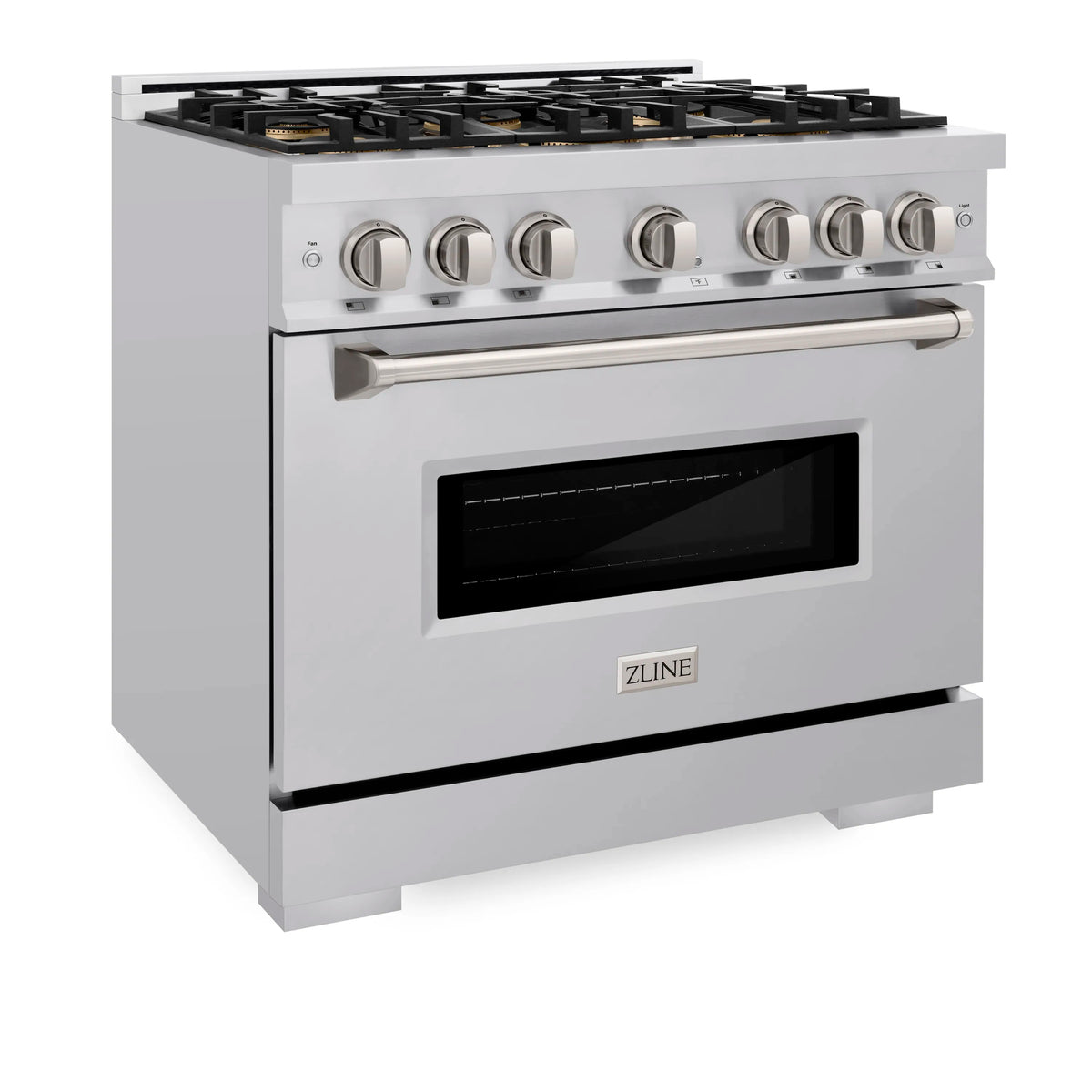 Stainless steel gas range front view with 6 burner grates, knobs, and oven window