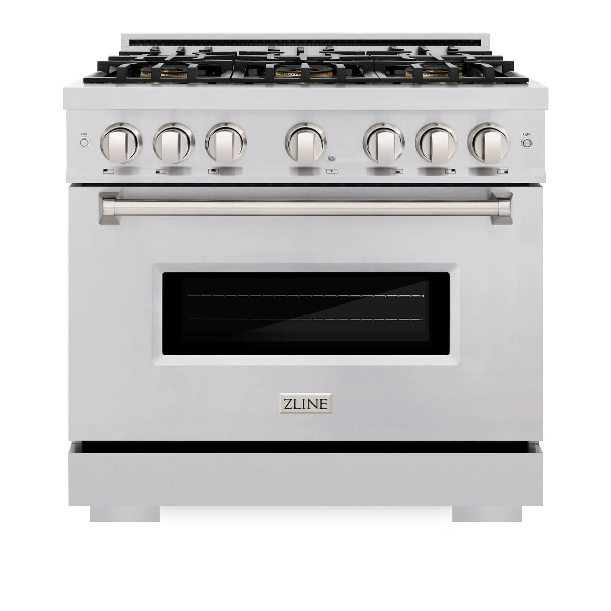 Stainless steel gas range front view with 6 burner cooktop and oven door window