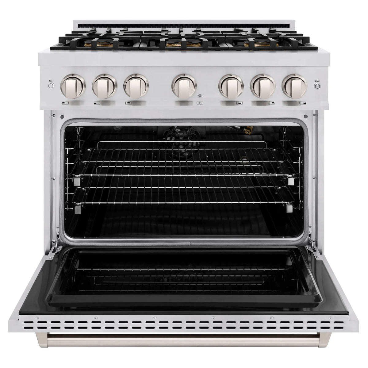 Stainless steel gas range with open oven door showing racks and interior walls
