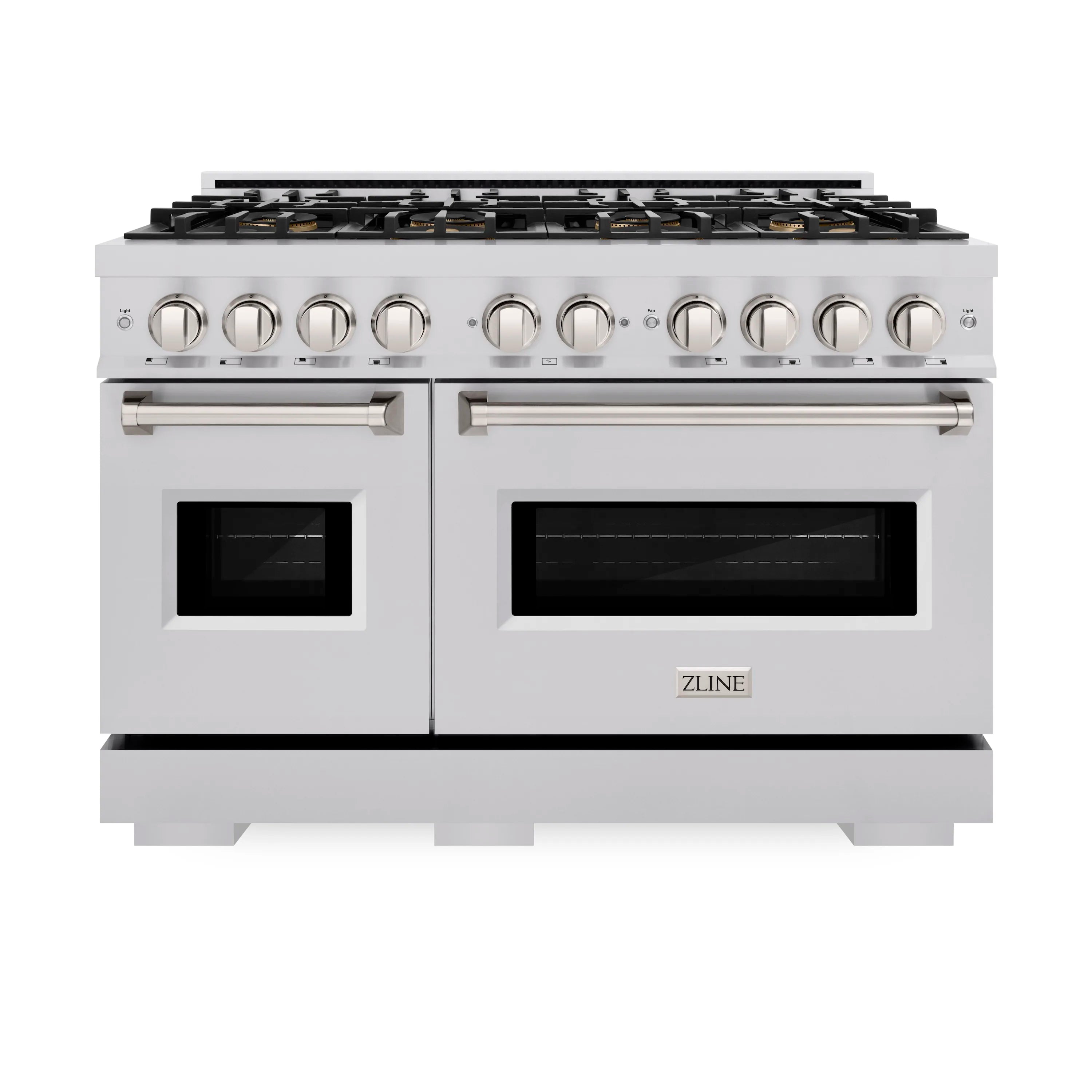 Stainless steel eight-burner gas range with dual ovens and front control knobs