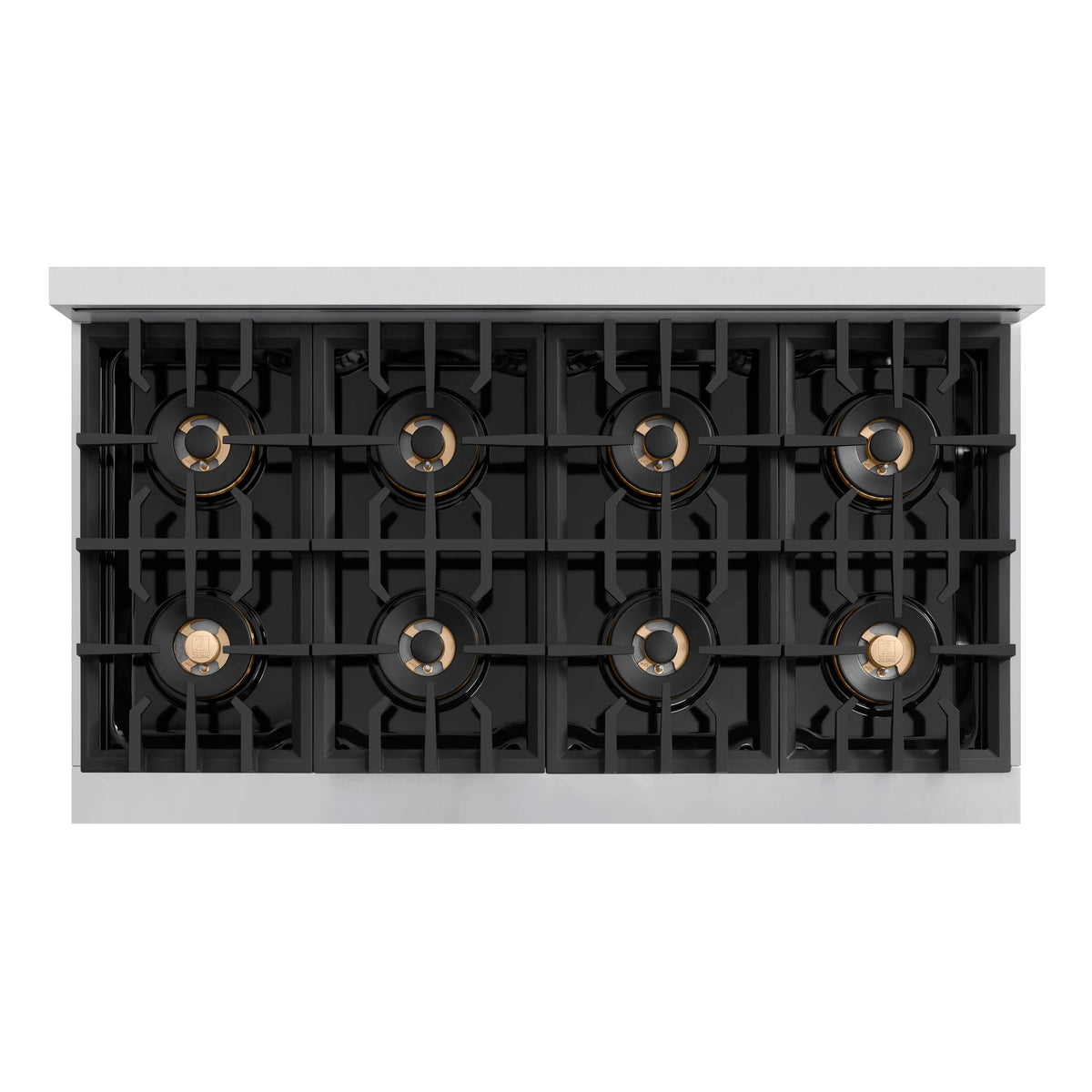 Gas range cooktop base with 8 black burner heads in a stainless frame