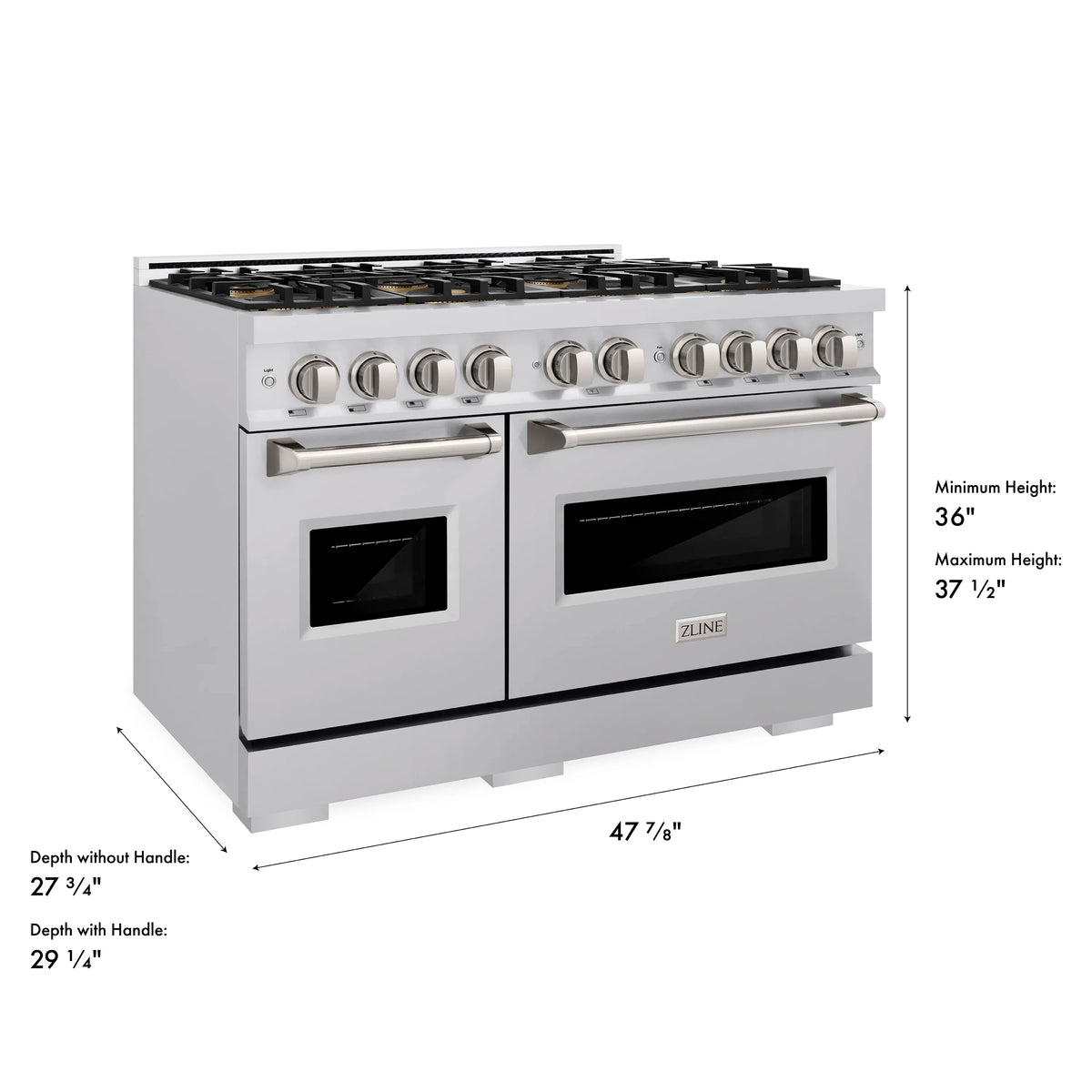 Stainless steel dual-oven gas range, side profile with control knobs and oven doors