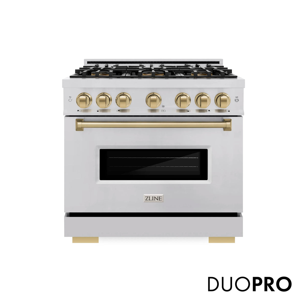 White freestanding gas range with bronze trim and 6-burner cooktop