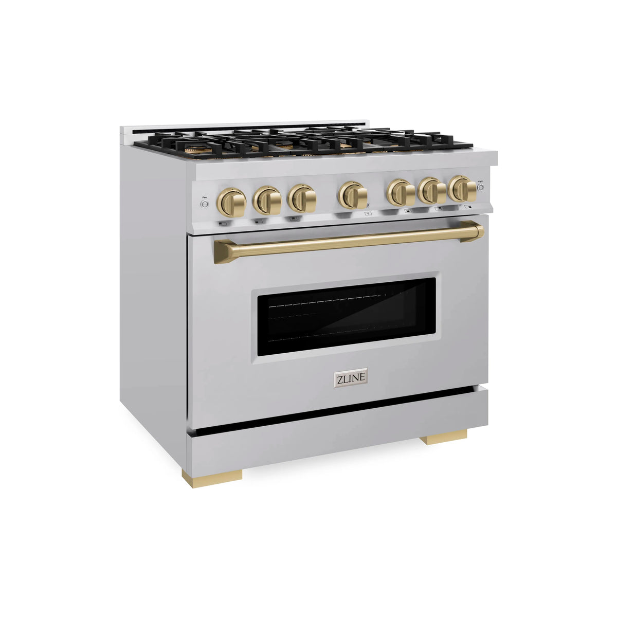 White gas range with bronze control knobs, oven window, and side panel
