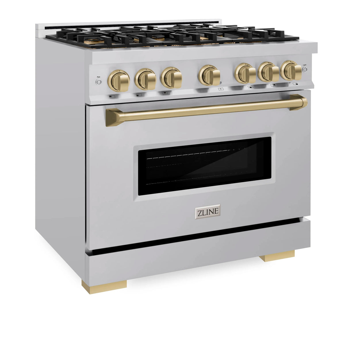 White gas range with 6-burner cooktop, bronze knobs, and enclosed oven
