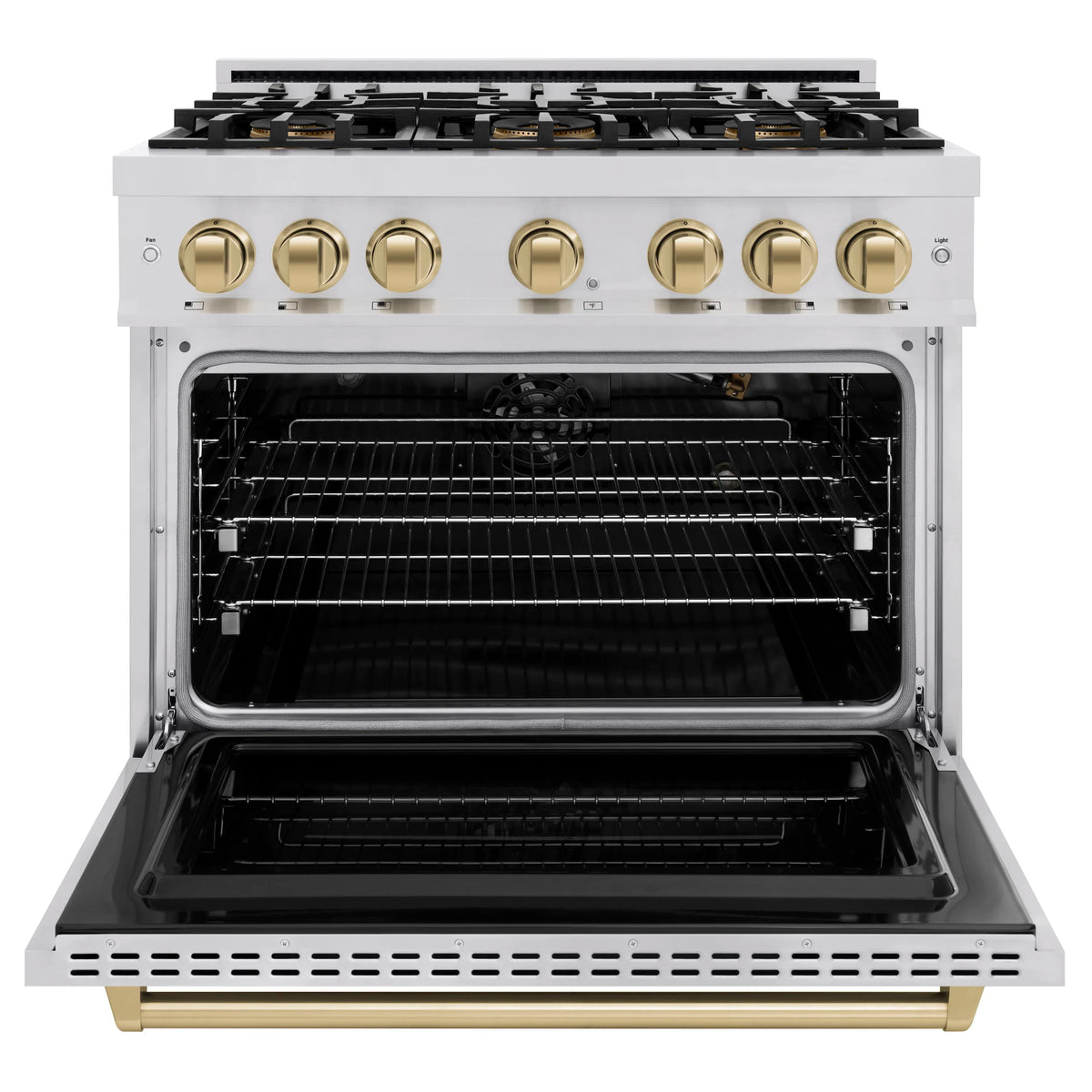 Stainless steel gas range with open oven door and black interior racks