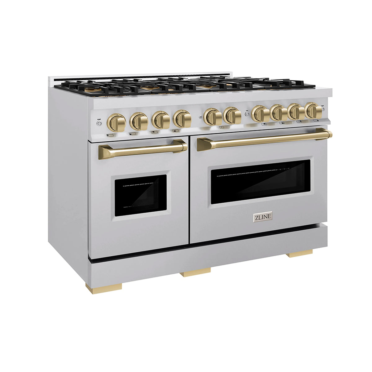 White gas range angled view with black cooktop grates, bronze handles, and dual ovens