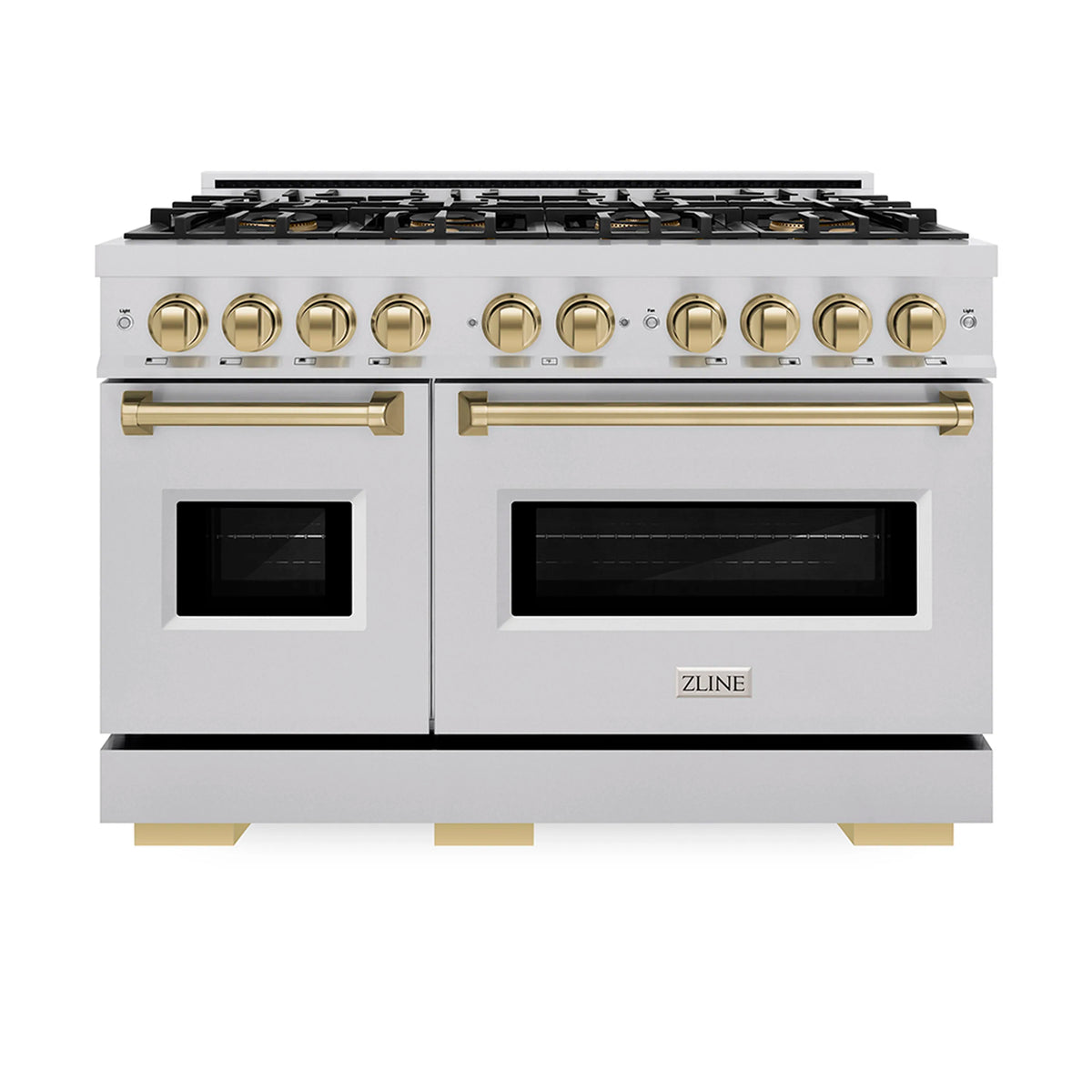 White gas range front view with black grates, bronze knobs, and dual oven windows