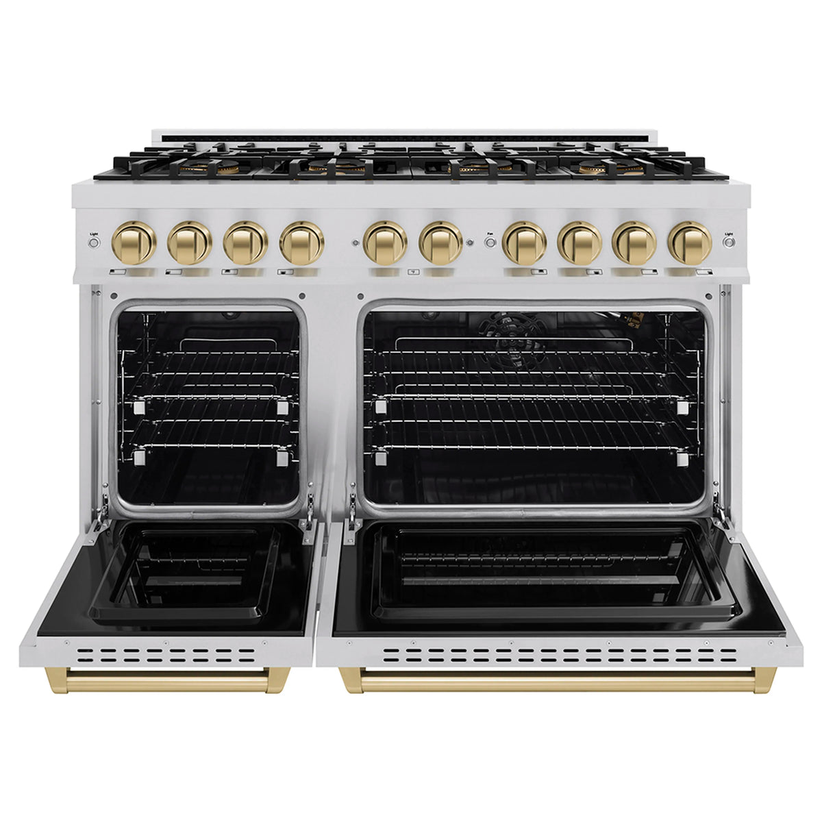 White gas range with both oven doors open and black interior racks