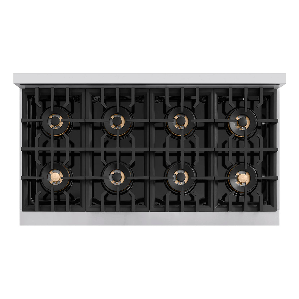Black burner grate assembly with circular burner caps inside a gas cooktop
