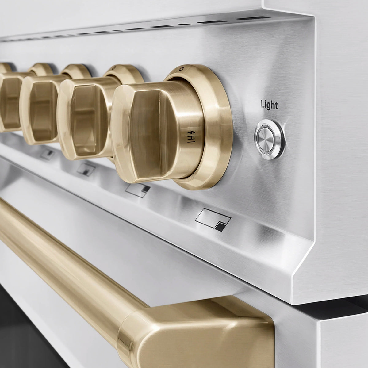 Champagne Bronze control knob with illuminated markings and stainless control panel