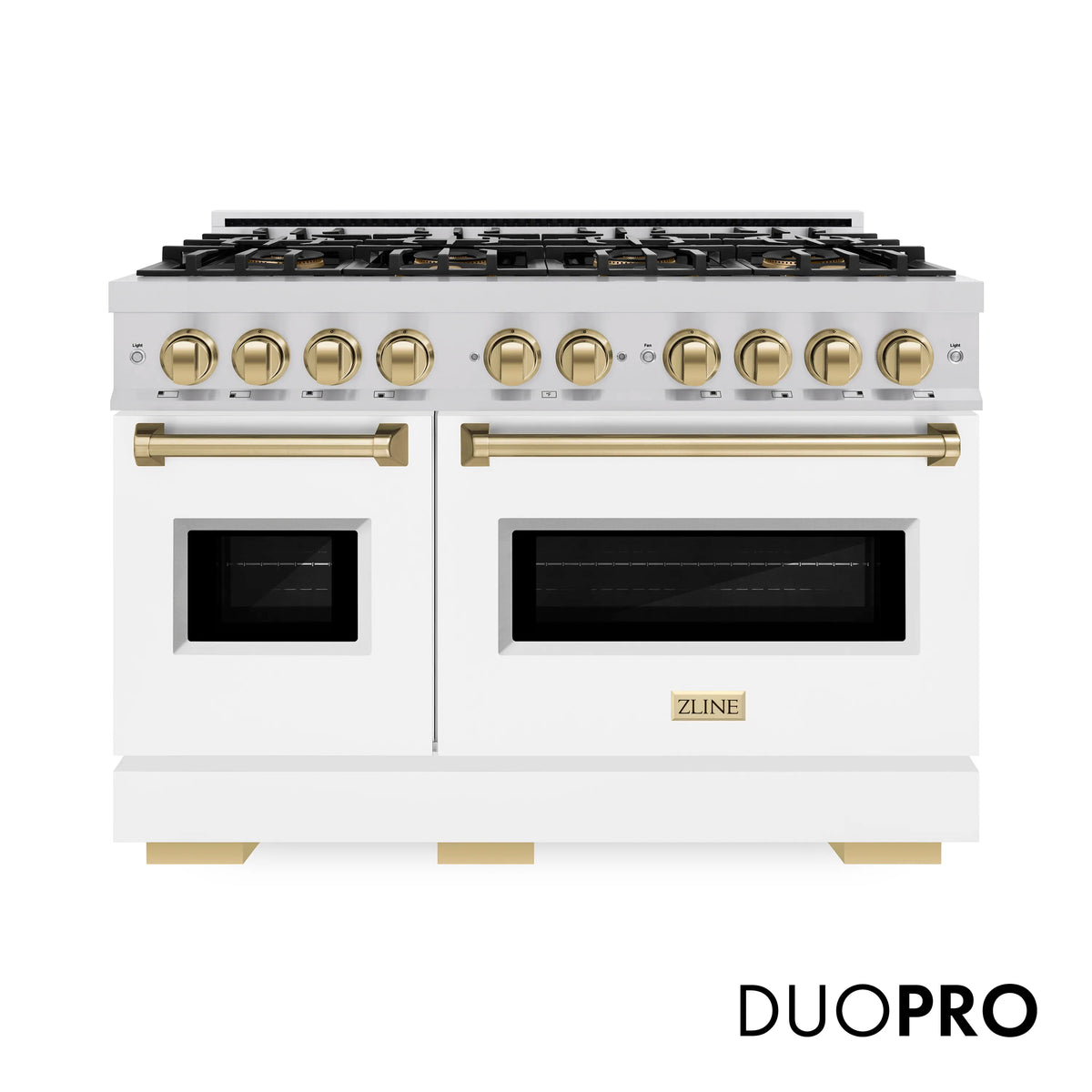 Classic gas range front view with white doors, gold-toned knobs, and black grates