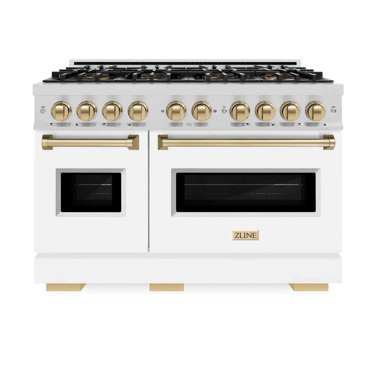 Classic gas range front view with white doors, black cooktop grates, and bronze controls