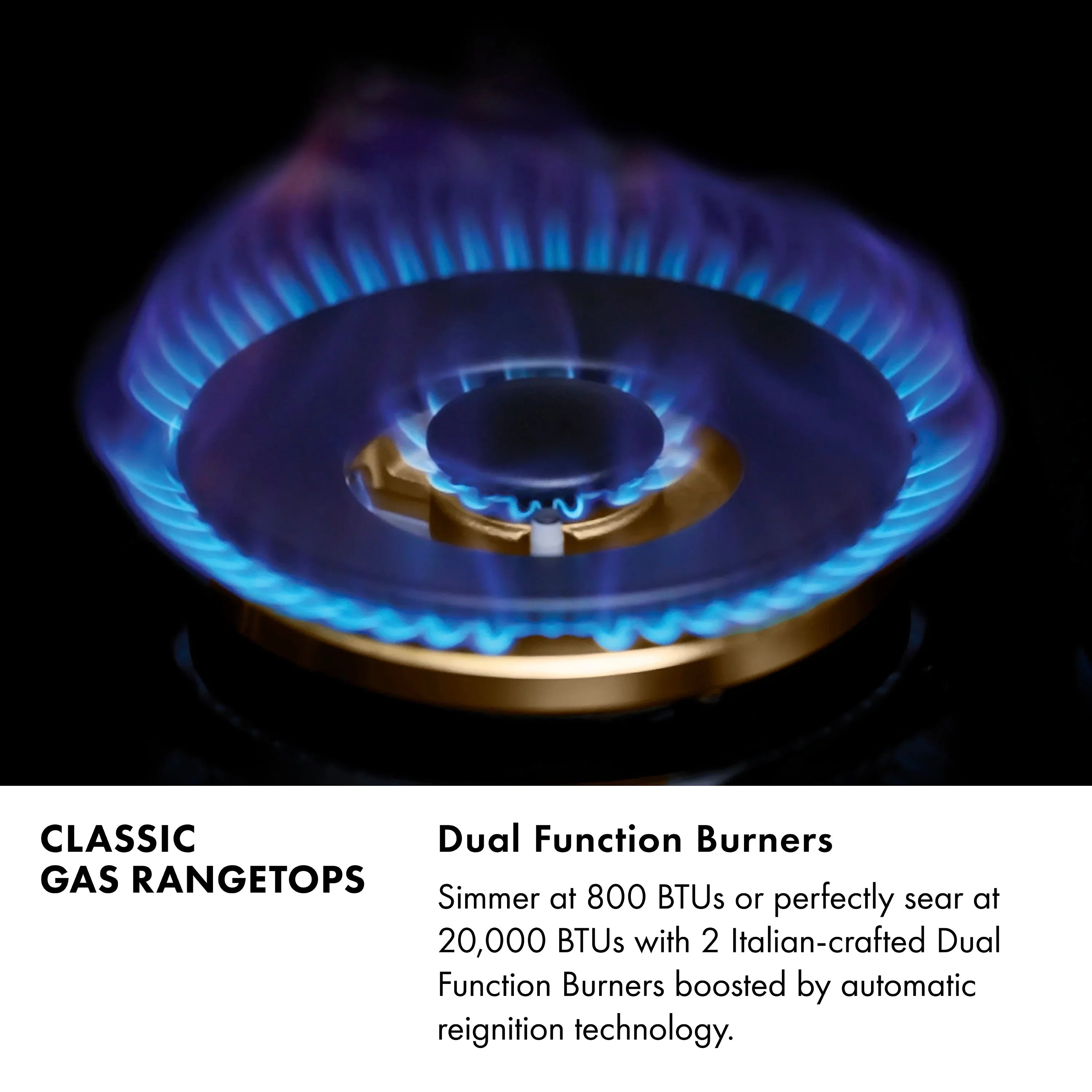 Gas burner ignited with a blue flame ring and gold inner burner cap