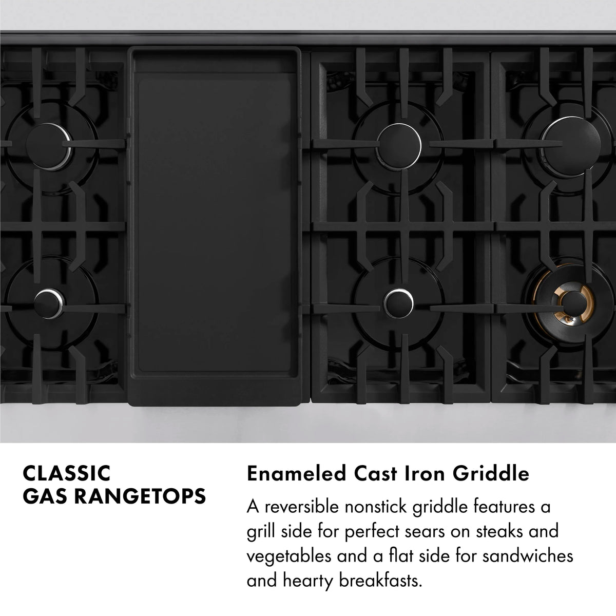 Gas stovetop with built-in griddle insert and black cast-iron burner grates