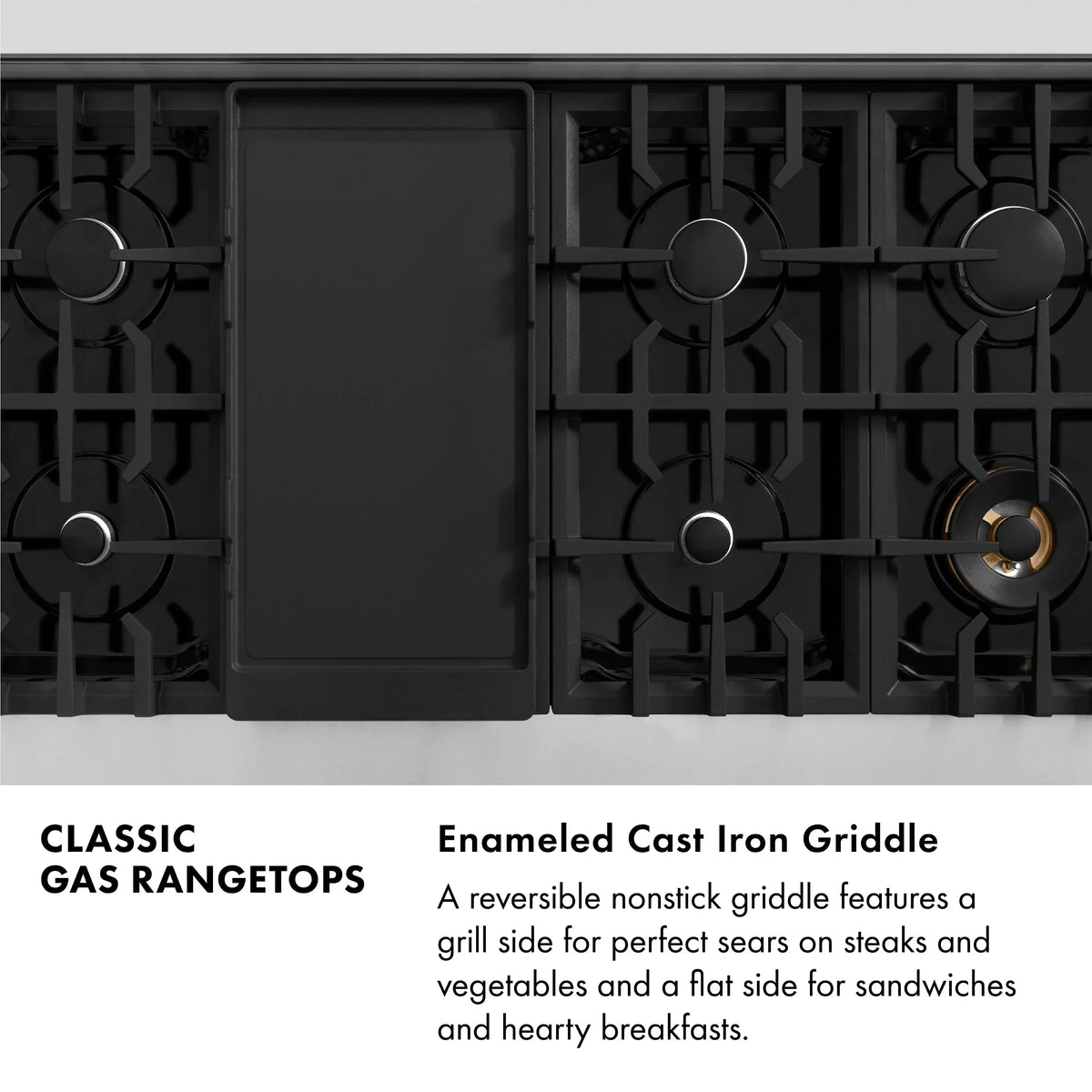 Enamel cast iron griddle insert on a gas range cooktop with burner grates