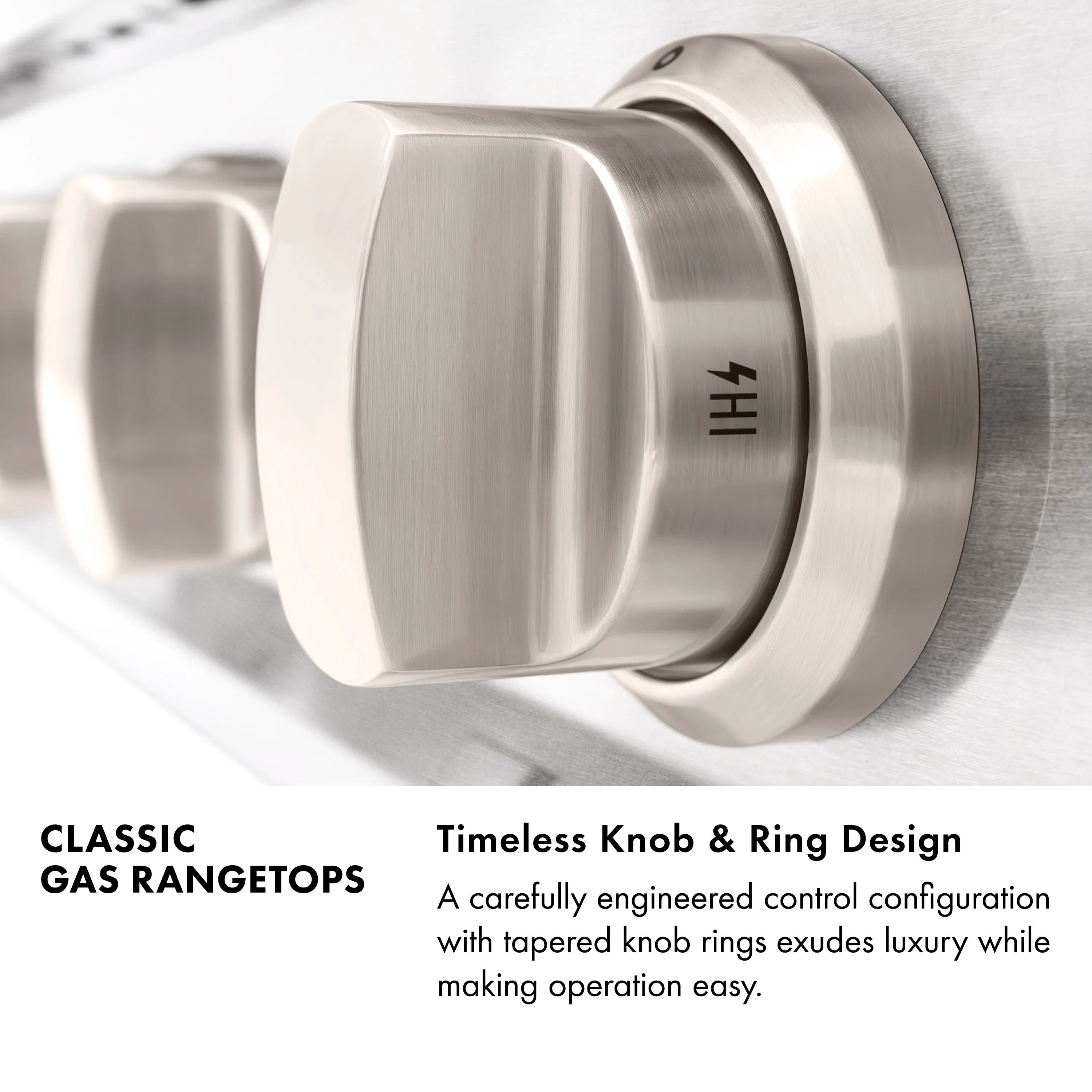Stainless steel control knob with tapered ring on a gas range cooktop