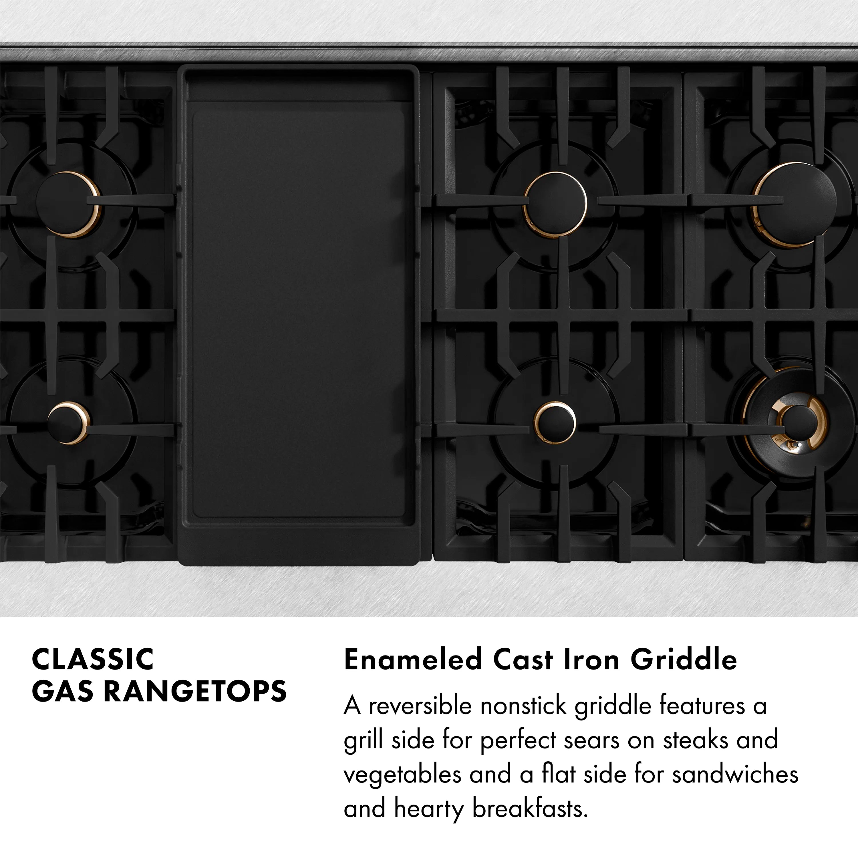 Reversible enameled cast iron griddle on black grates of a gas cooktop